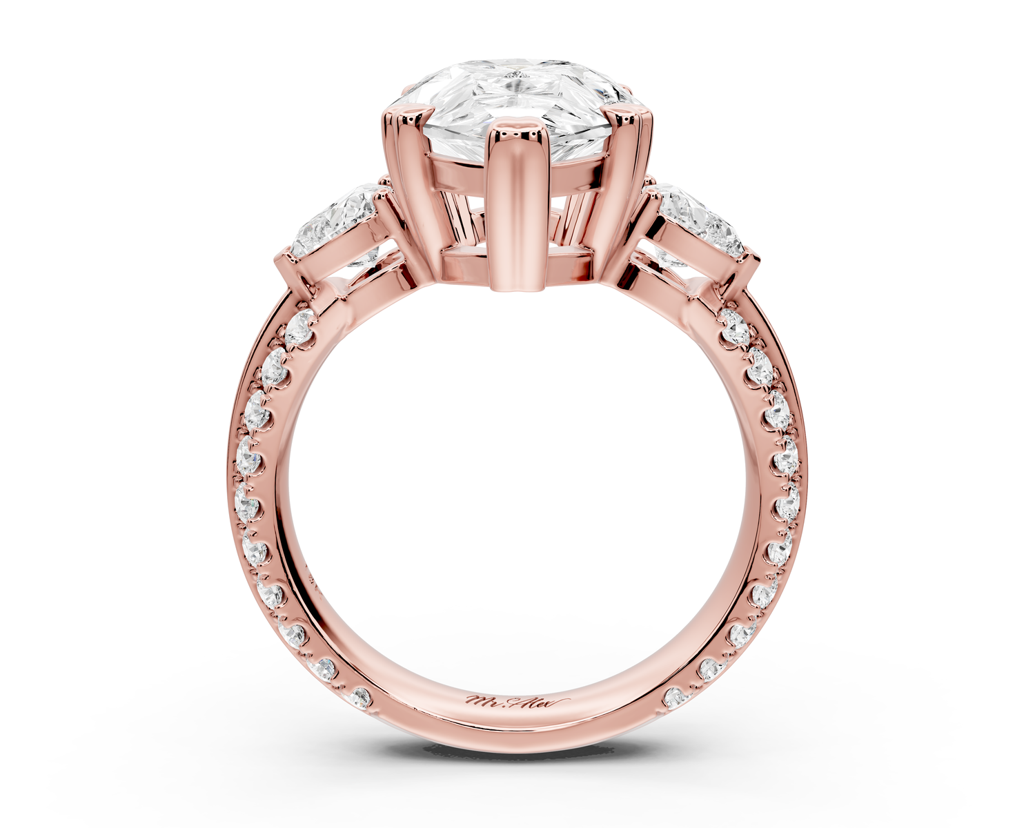 Elinor - 4ct 14k rose gold pear diamond Double talon prongs with two heart side stones and rollover pavé engagement ring