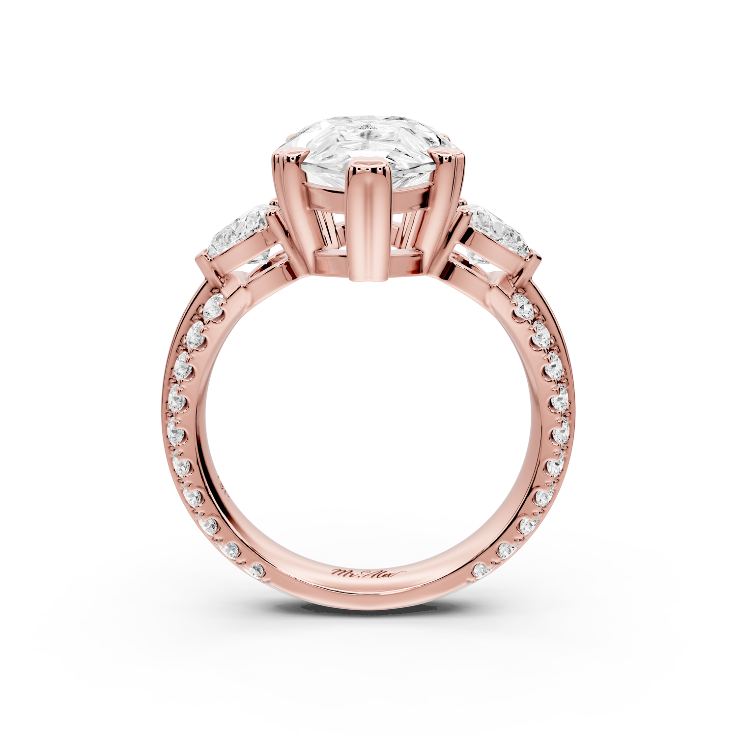Elinor - 4ct 14k rose gold pear diamond Double talon prongs with two heart side stones and rollover pavé engagement ring