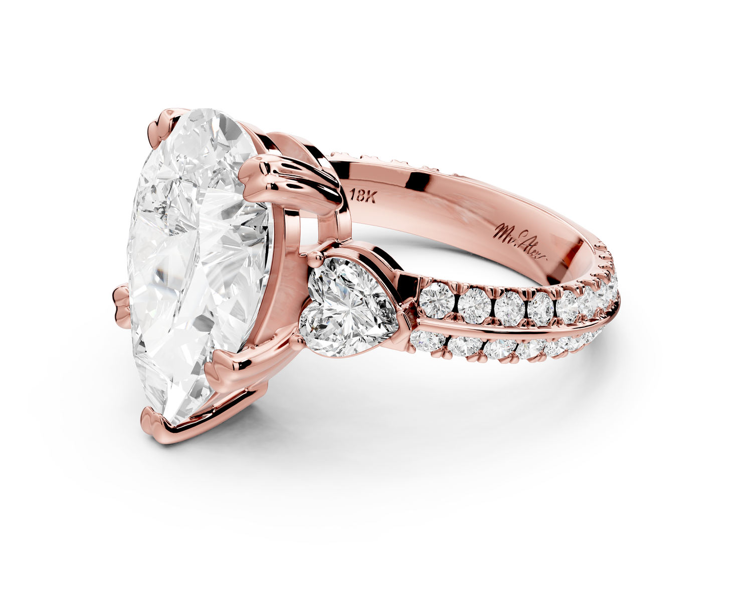 Elinor - 4ct 14k rose gold pear diamond Double talon prongs with two heart side stones and rollover pavé engagement ring