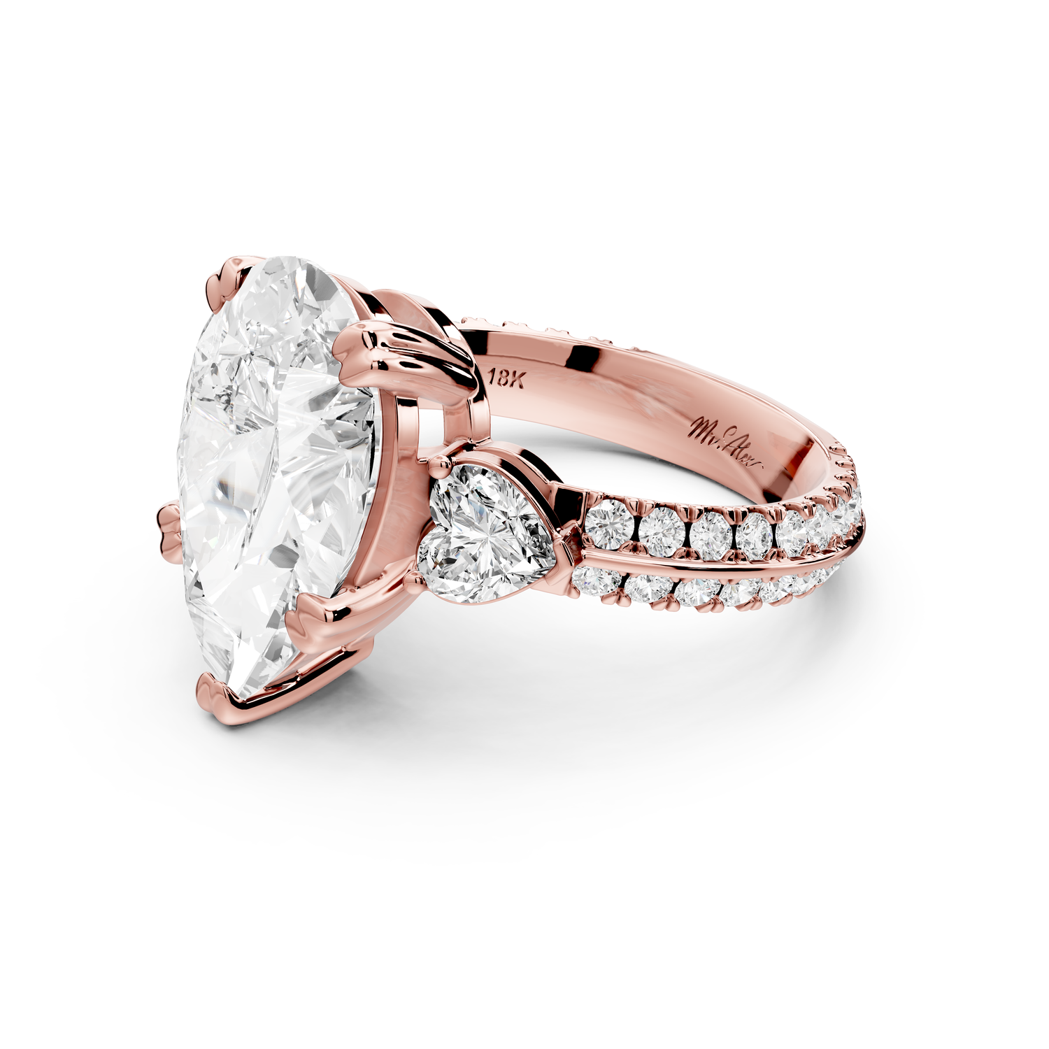 Elinor - 4ct 14k rose gold pear diamond Double talon prongs with two heart side stones and rollover pavé engagement ring