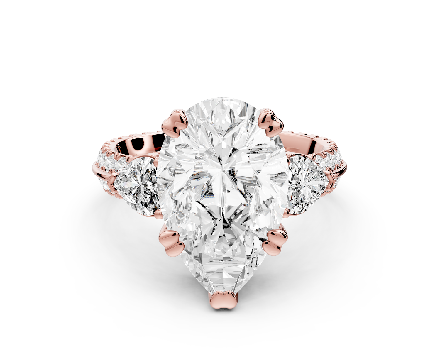 Elinor - 4ct 14k rose gold pear diamond Double talon prongs with two heart side stones and rollover pavé engagement ring
