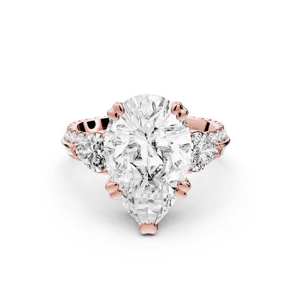 Elinor - 4ct 14k rose gold pear diamond Double talon prongs with two heart side stones and rollover pavé engagement ring