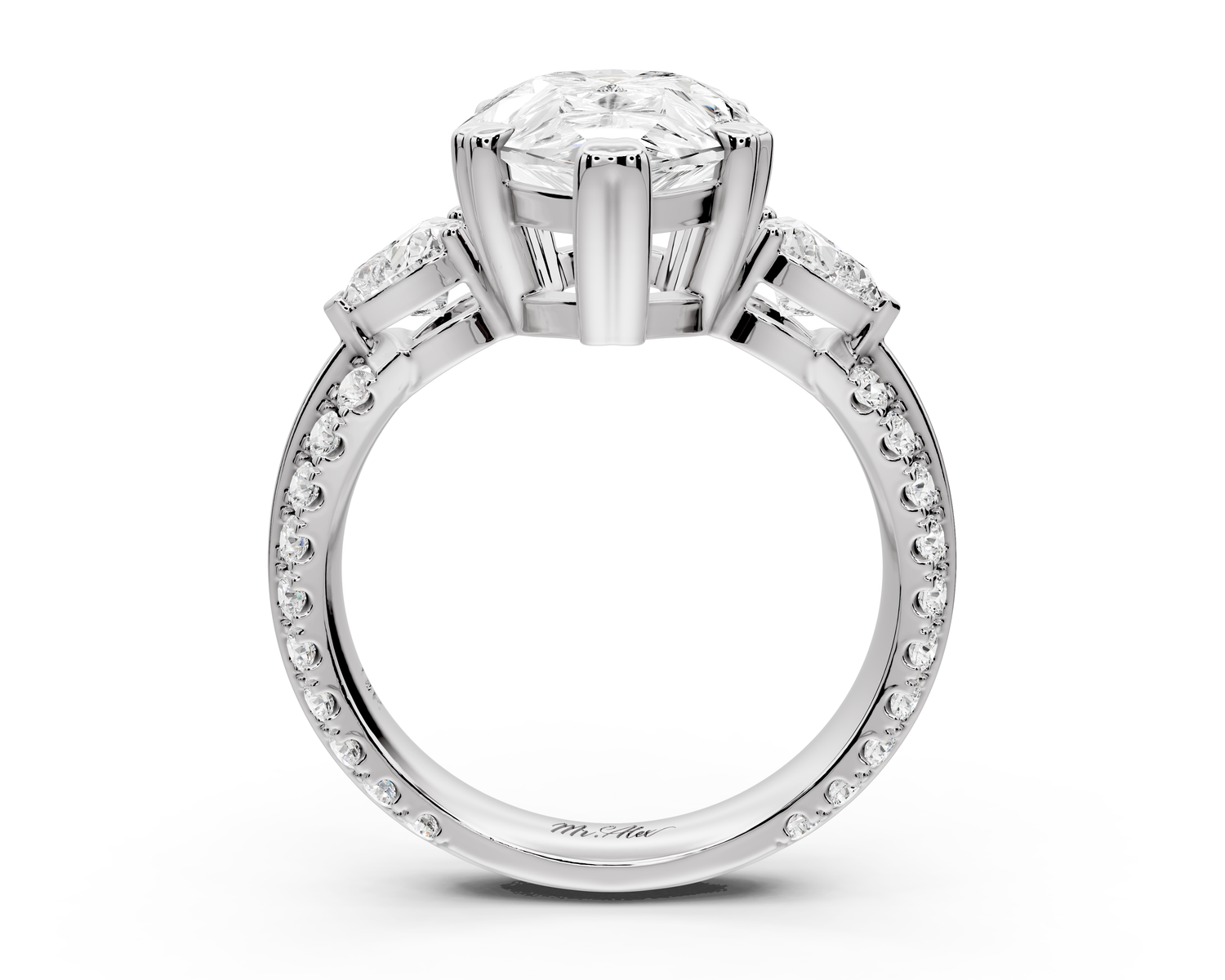 Elinor - 4ct 14k white gold pear diamond Double talon prongs with two heart side stones and rollover pavé engagement ring
