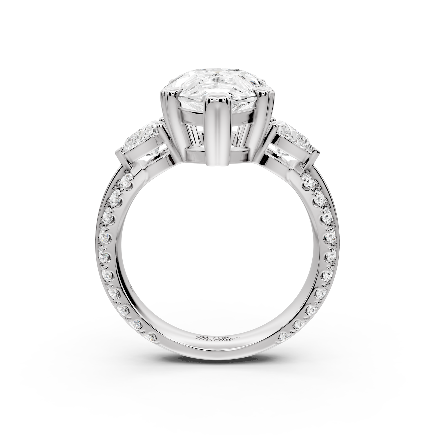 Elinor - 4ct 14k white gold pear diamond Double talon prongs with two heart side stones and rollover pavé engagement ring