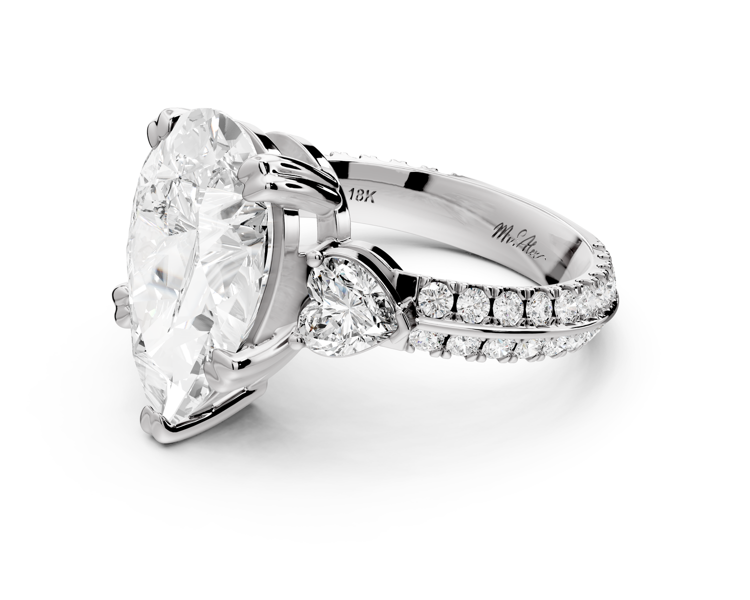 Elinor - 4ct 14k white gold pear diamond Double talon prongs with two heart side stones and rollover pavé engagement ring