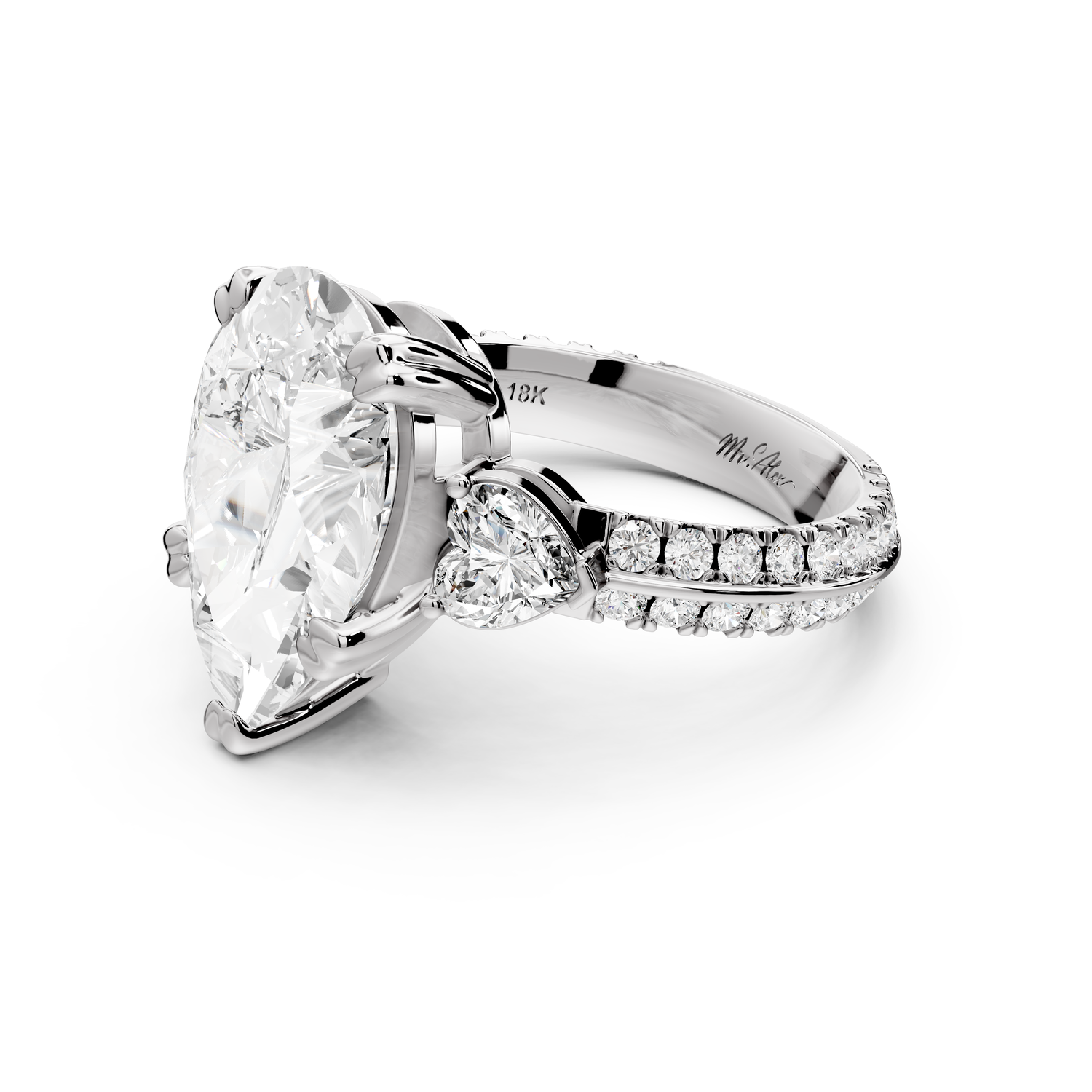 Elinor - 4ct 14k white gold pear diamond Double talon prongs with two heart side stones and rollover pavé engagement ring