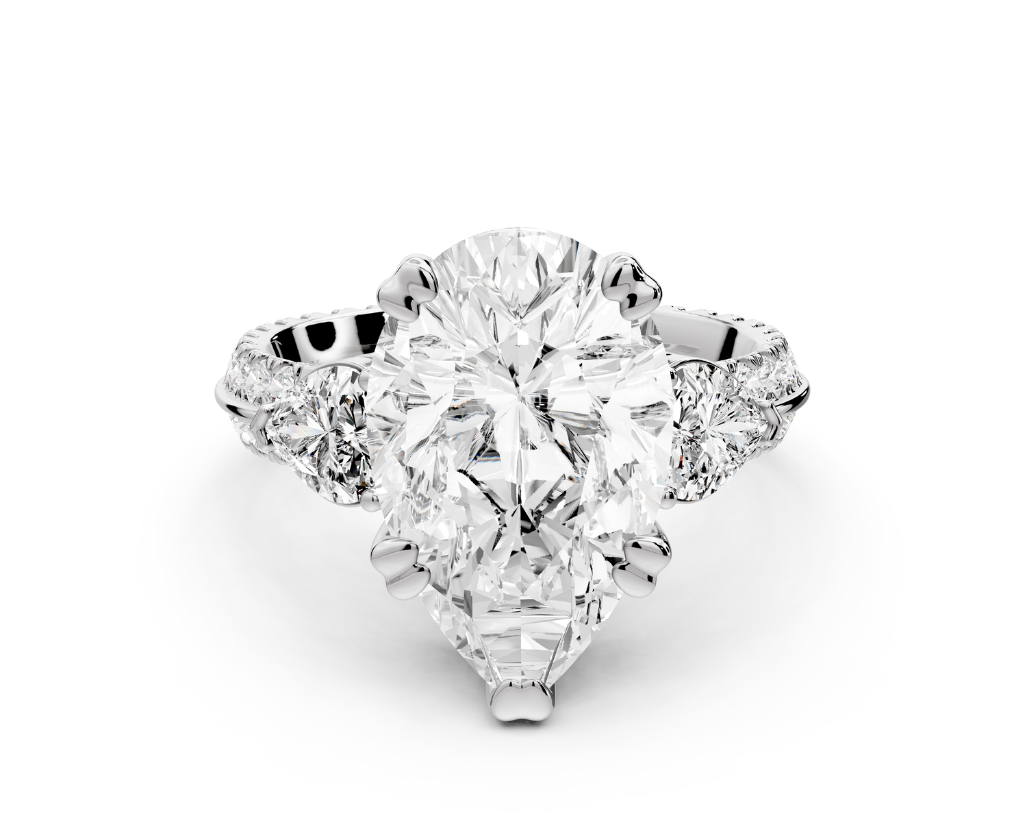 Elinor - 4ct 14k white gold pear diamond Double talon prongs with two heart side stones and rollover pavé engagement ring