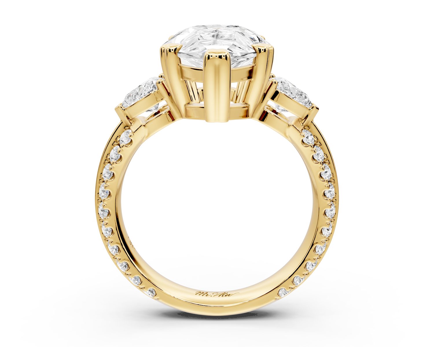 Elinor - 4ct 14k yellow gold pear diamond Double talon prongs with two heart side stones and rollover pavé engagement ring