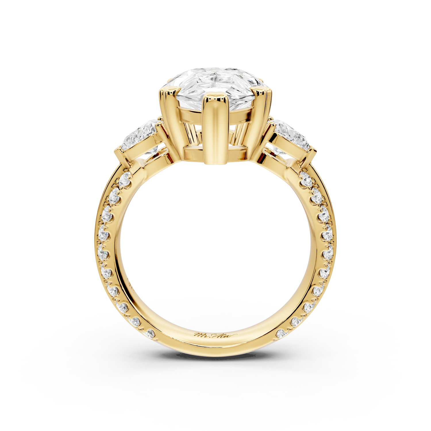 Elinor - 4ct 14k yellow gold pear diamond Double talon prongs with two heart side stones and rollover pavé engagement ring