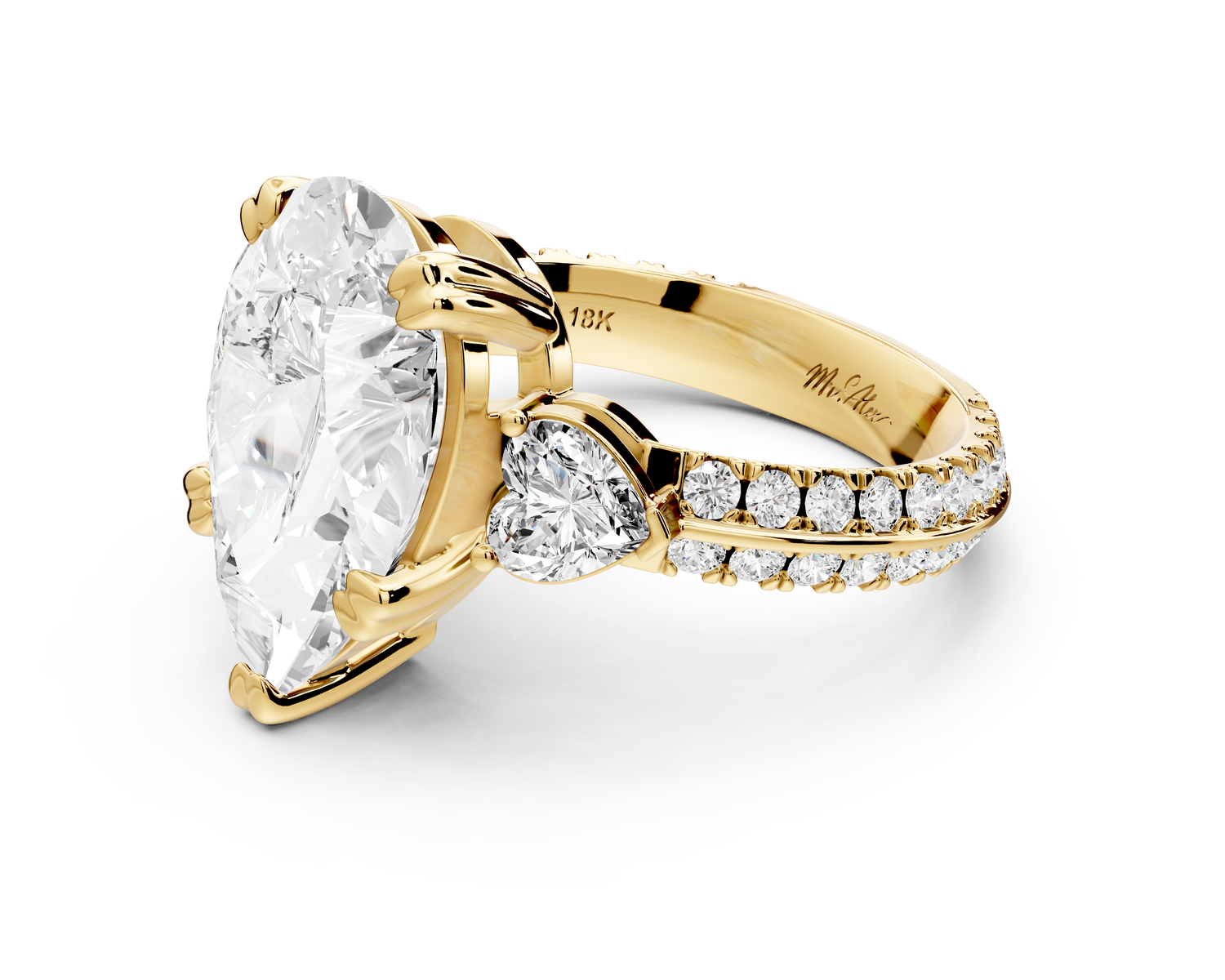 Elinor - 4ct 14k yellow gold pear diamond Double talon prongs with two heart side stones and rollover pavé engagement ring