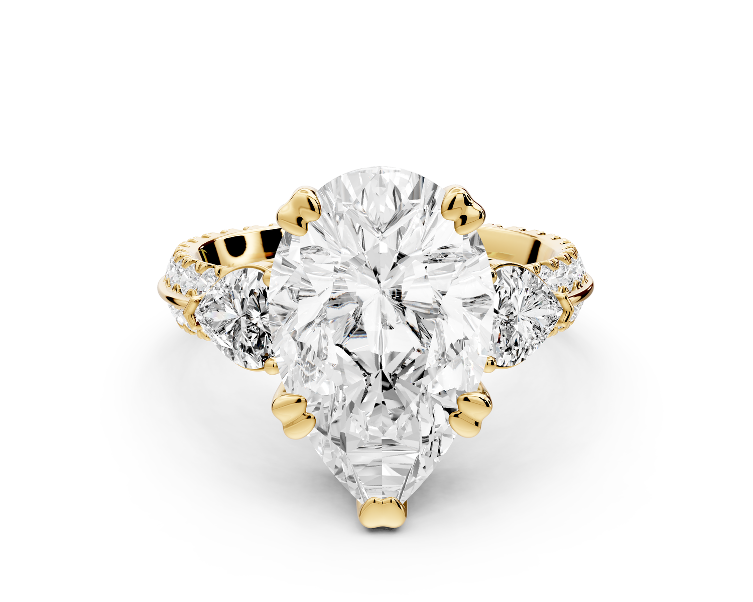 Elinor - 4ct 14k yellow gold pear diamond Double talon prongs with two heart side stones and rollover pavé engagement ring