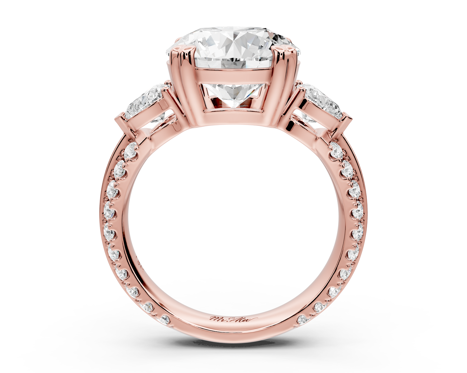 Elinor - 4ct 14k rose gold round diamond Double talon prongs with two heart side stones and rollover Pavé engagement ring