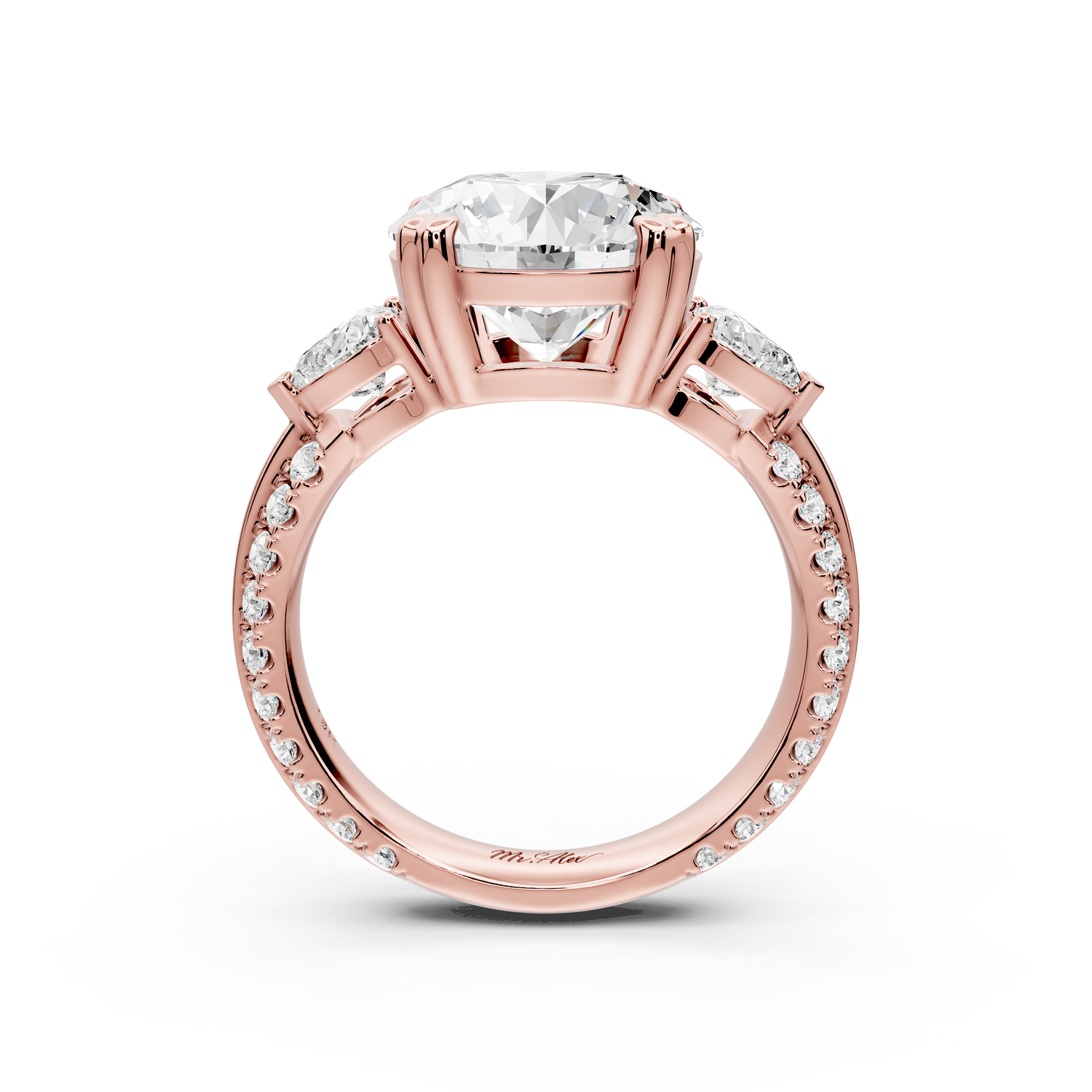 Elinor - 4ct 14k rose gold round diamond Double talon prongs with two heart side stones and rollover Pavé engagement ring