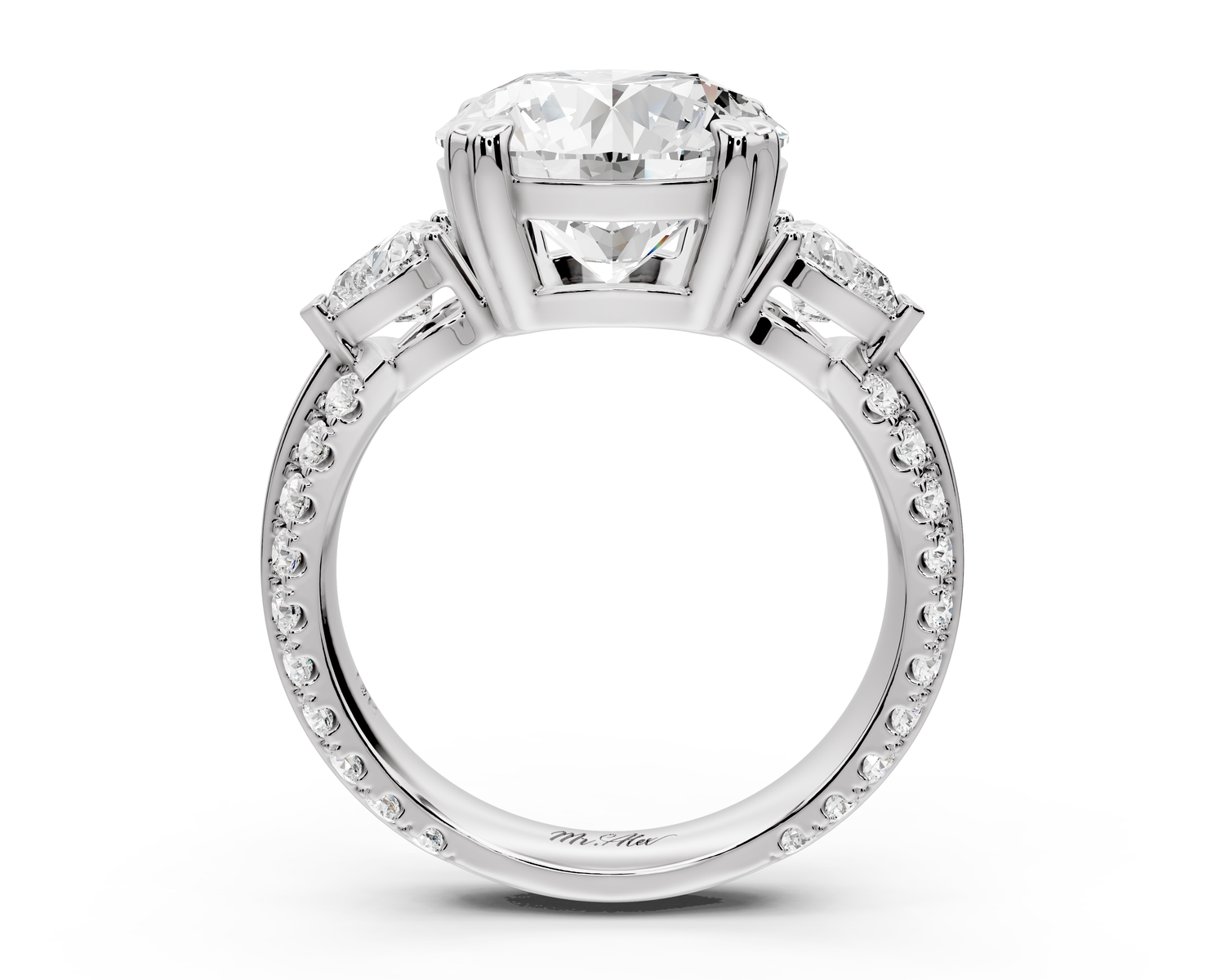 Elinor - 4ct 14k white gold round diamond Double talon prongs with two heart side stones and rollover Pavé engagement ring