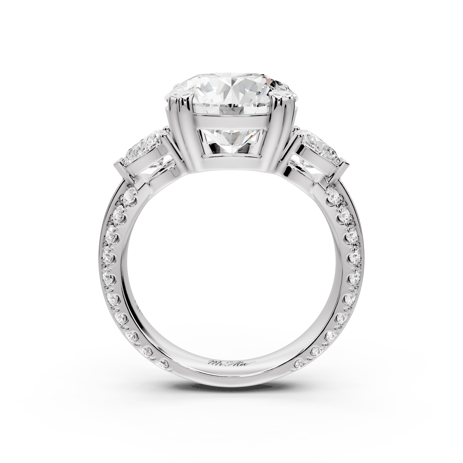 Elinor - 4ct 14k white gold round diamond Double talon prongs with two heart side stones and rollover Pavé engagement ring