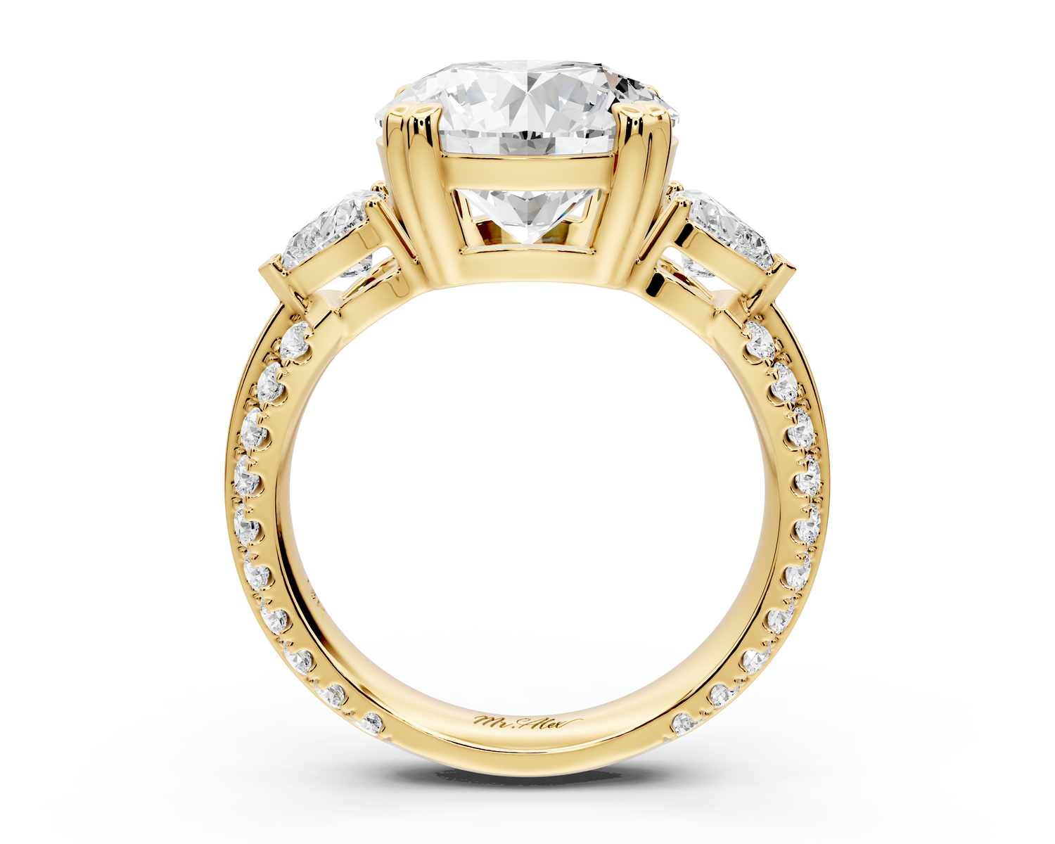 Elinor - 4ct 14k yellow gold round diamond Double talon prongs with two heart side stones and rollover Pavé engagement ring