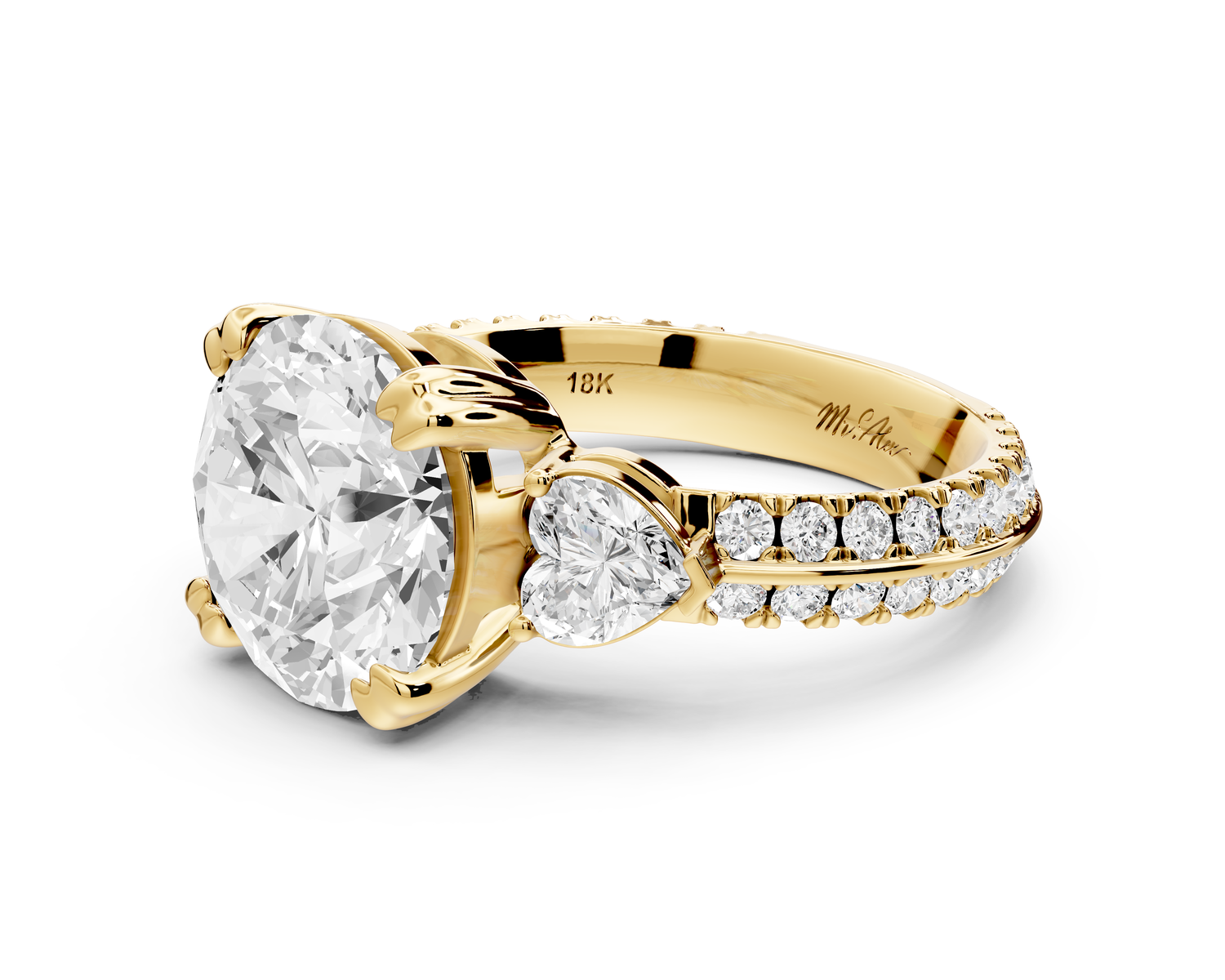 Elinor - 4ct 14k yellow gold round diamond Double talon prongs with two heart side stones and rollover Pavé engagement ring