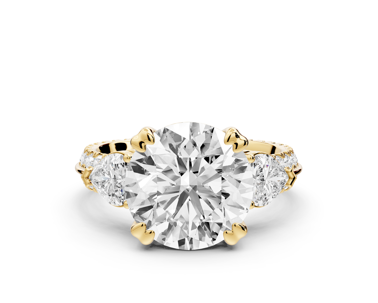 Elinor - 4ct 14k yellow gold round diamond Double talon prongs with two heart side stones and rollover Pavé engagement ring