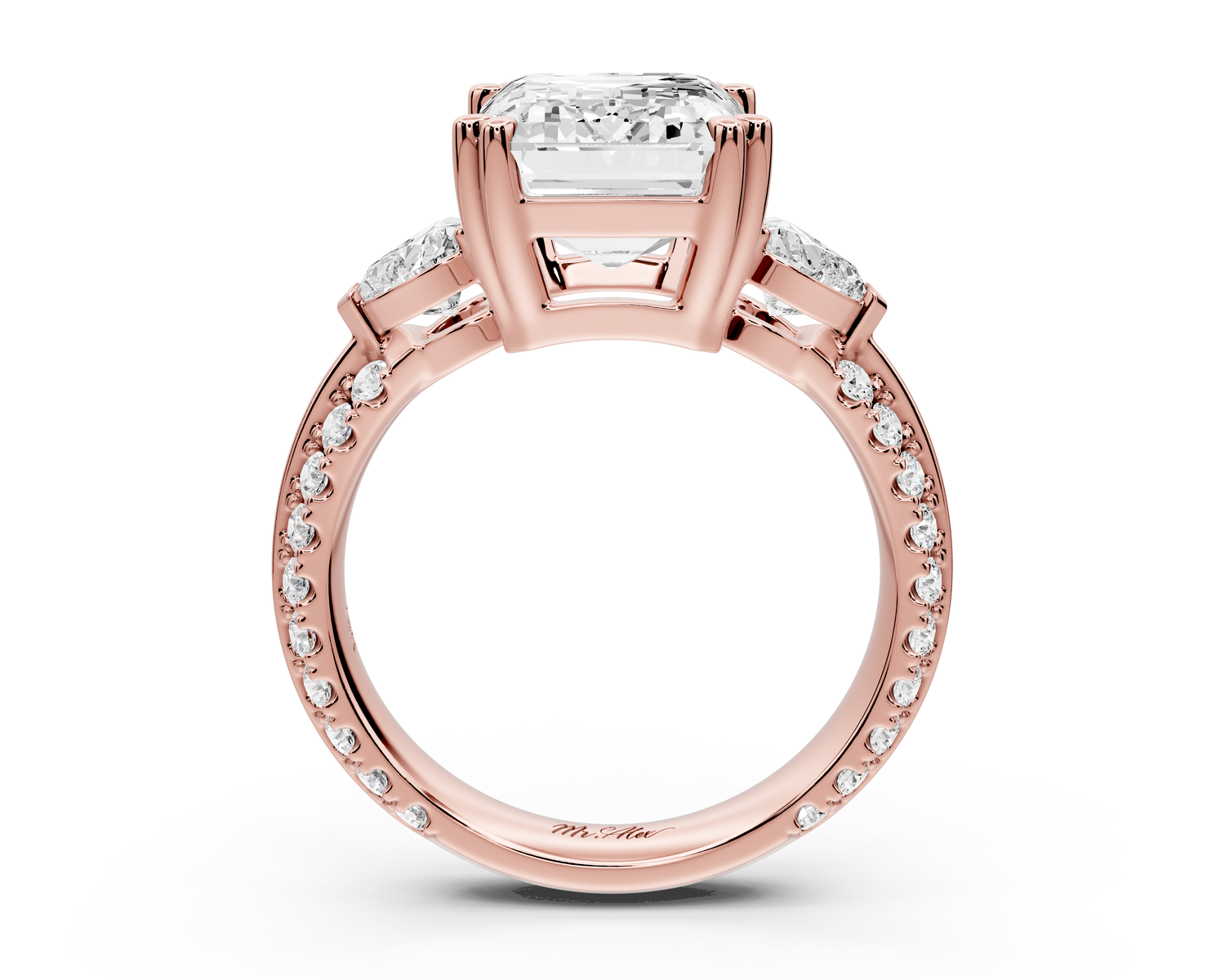 Elinor - 5ct 14k rose gold emerald diamond Double talon prongs with two heart side stones and rollover pavé engagement ring