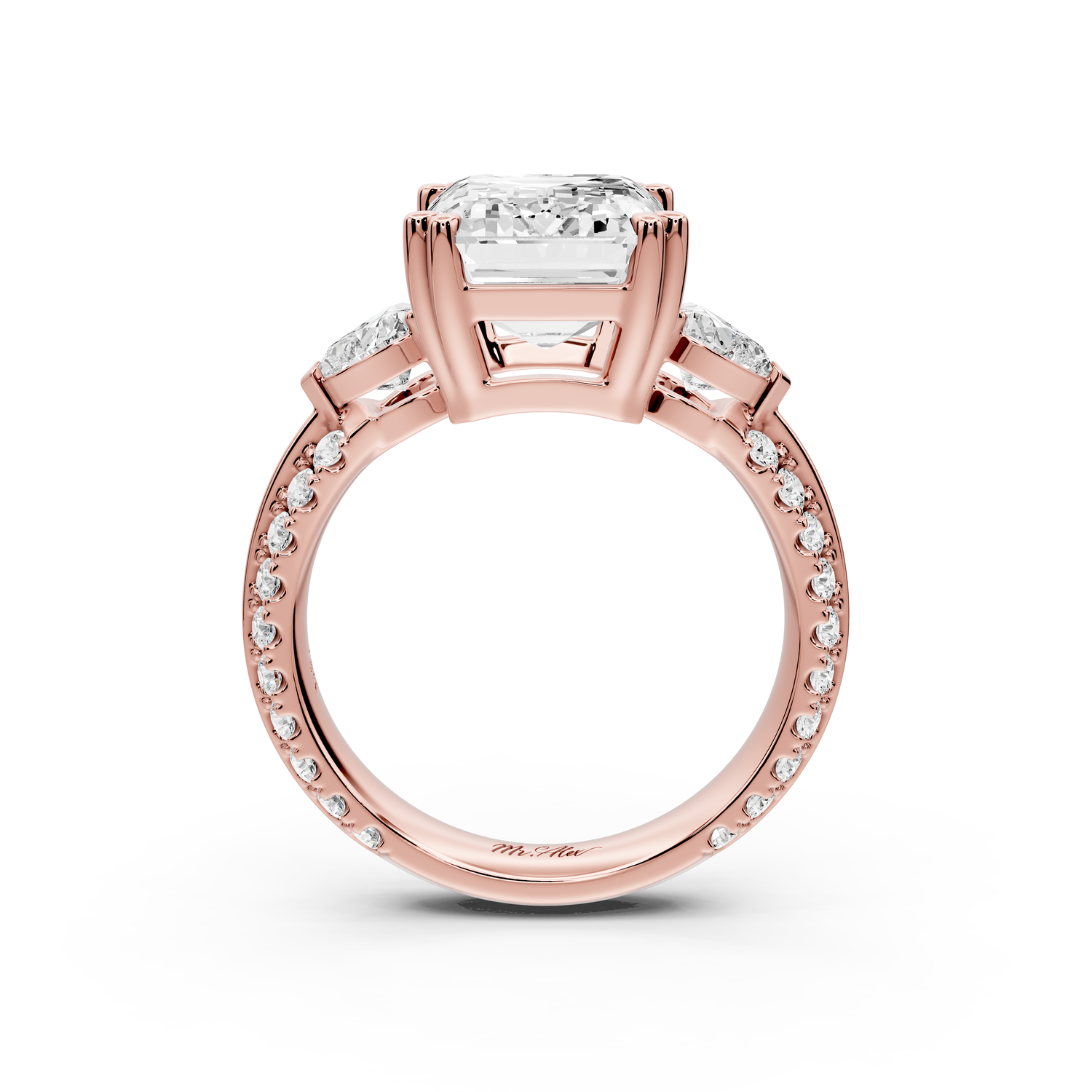 Elinor - 5ct 14k rose gold emerald diamond Double talon prongs with two heart side stones and rollover pavé engagement ring