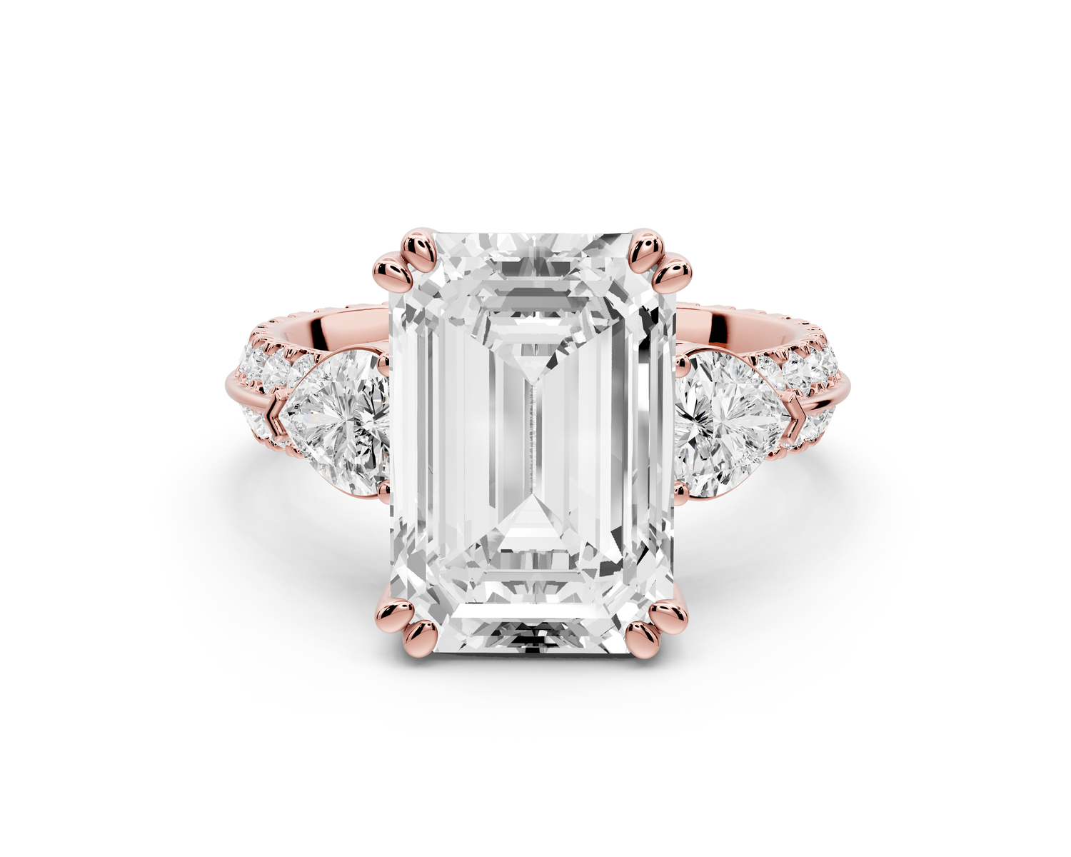 Elinor - 5ct 14k rose gold emerald diamond Double talon prongs with two heart side stones and rollover pavé engagement ring