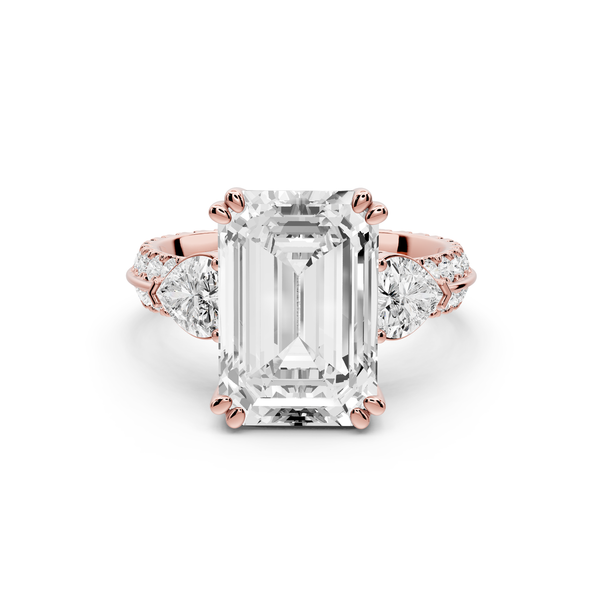 Elinor - 5ct 14k rose gold emerald diamond Double talon prongs with two heart side stones and rollover pavé engagement ring