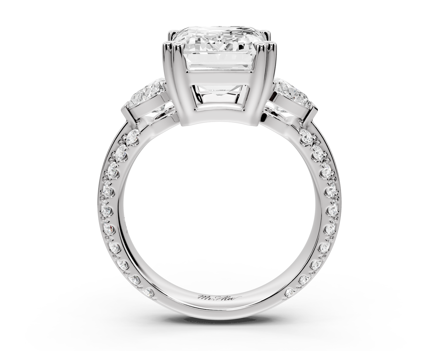 Elinor - 5ct 14k white gold emerald diamond Double talon prongs with two heart side stones and rollover pavé engagement ring