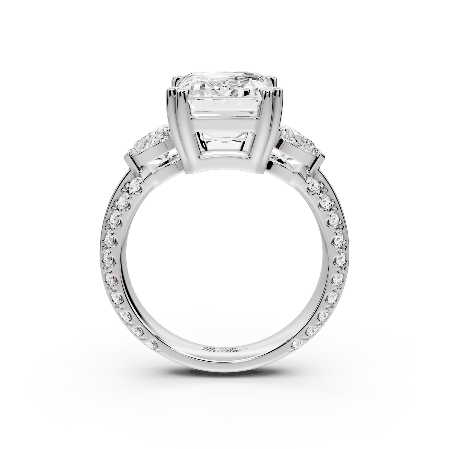 Elinor - 5ct 14k white gold emerald diamond Double talon prongs with two heart side stones and rollover pavé engagement ring