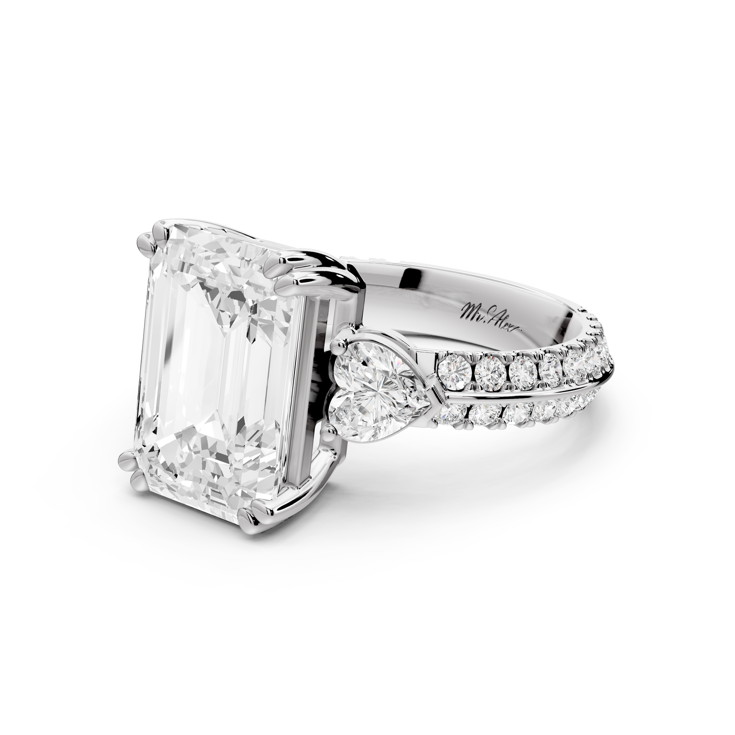 Elinor - 5ct 14k white gold emerald diamond Double talon prongs with two heart side stones and rollover pavé engagement ring