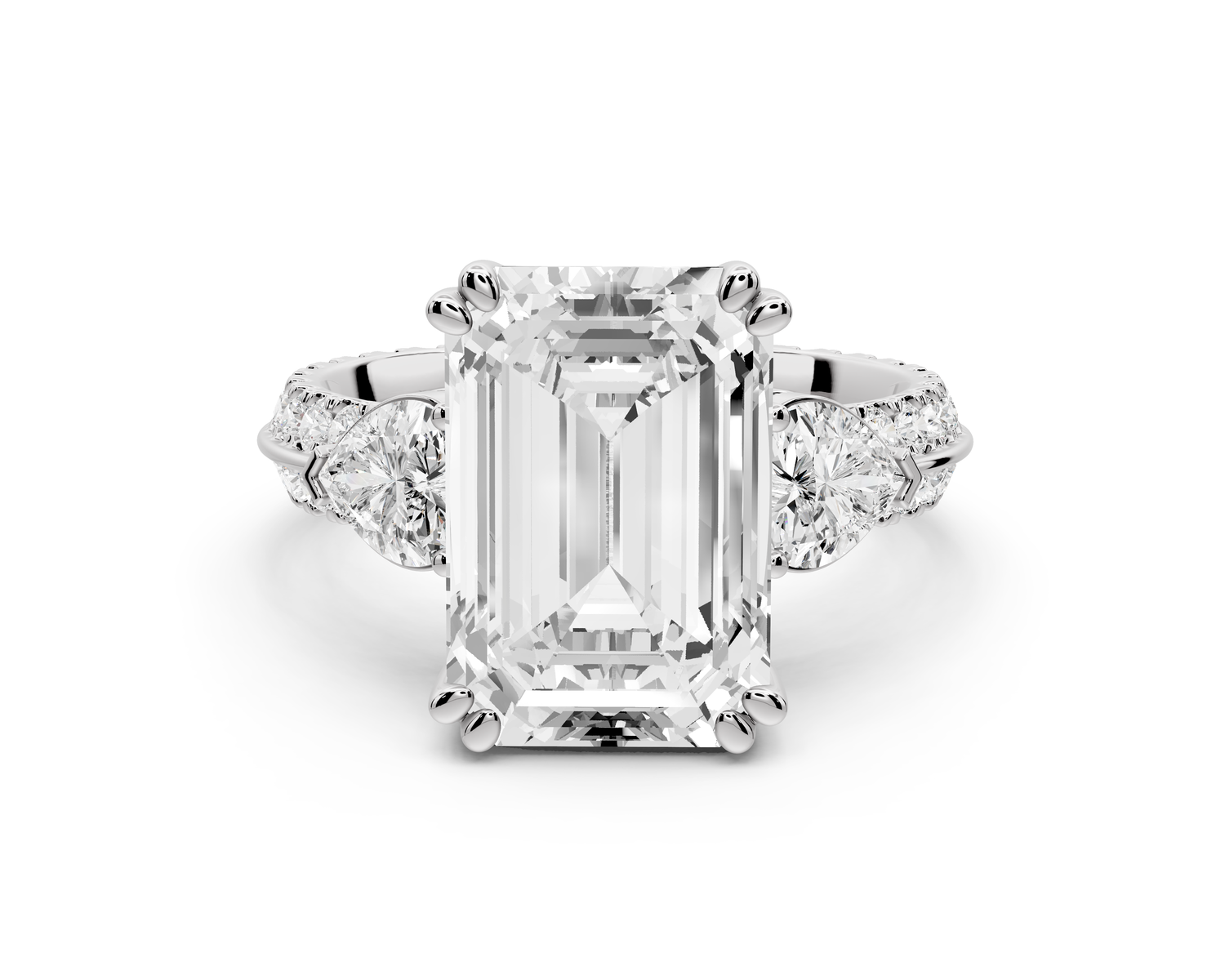 Elinor - 5ct 14k white gold emerald diamond Double talon prongs with two heart side stones and rollover pavé engagement ring
