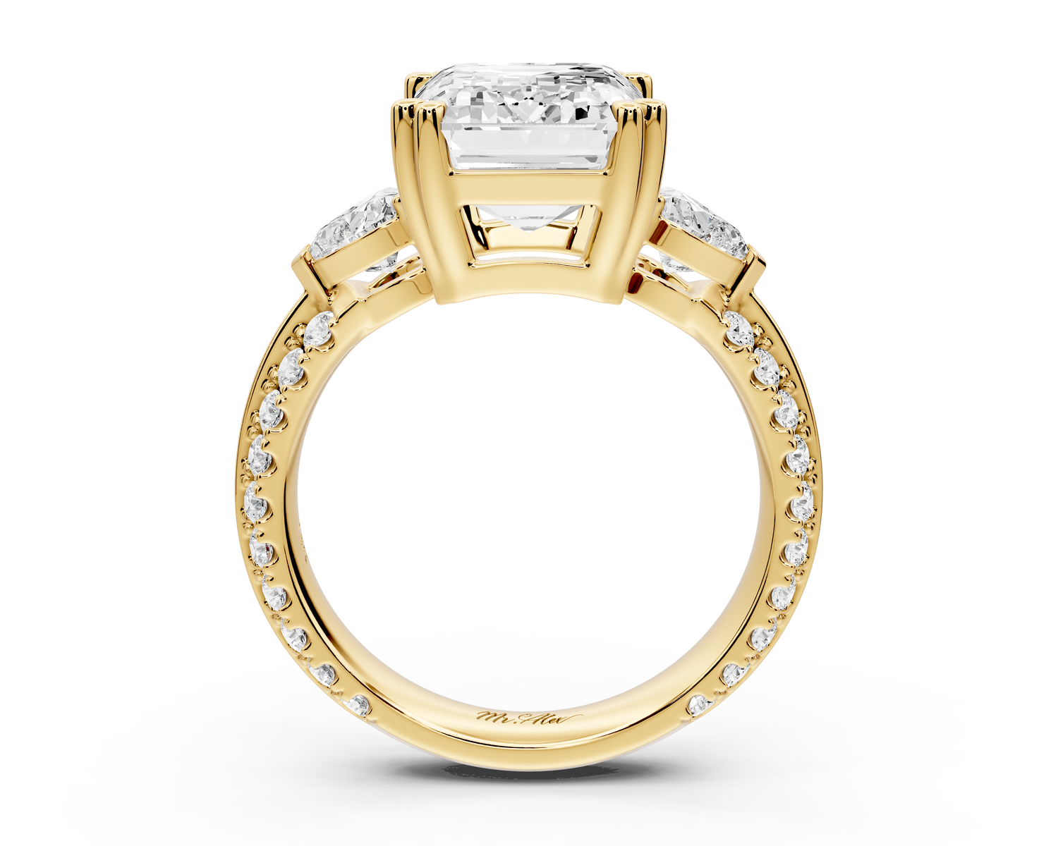 Elinor - 5ct 14k yellow gold emerald diamond Double talon prongs with two heart side stones and rollover pavé engagement ring