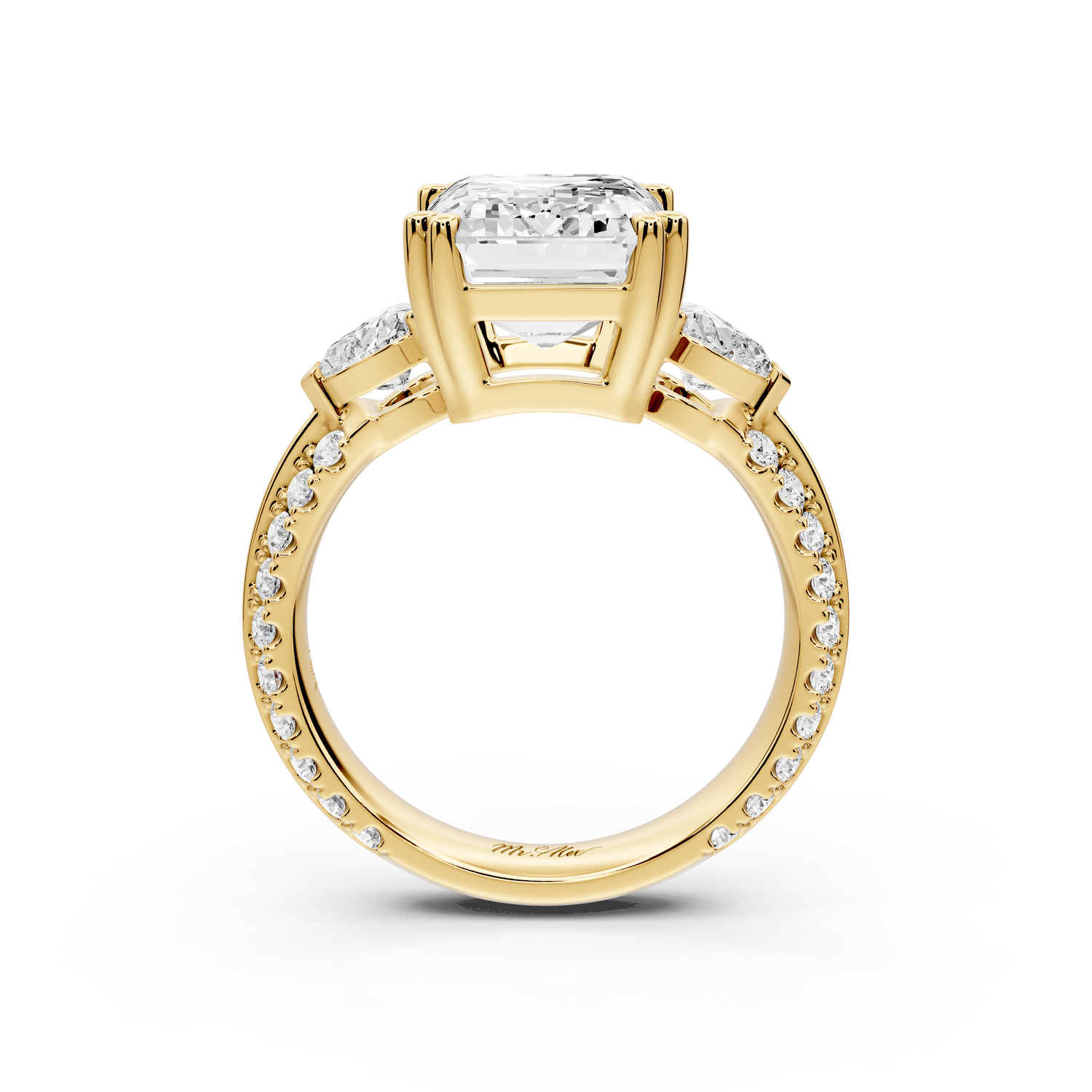 Elinor - 5ct 14k yellow gold emerald diamond Double talon prongs with two heart side stones and rollover pavé engagement ring