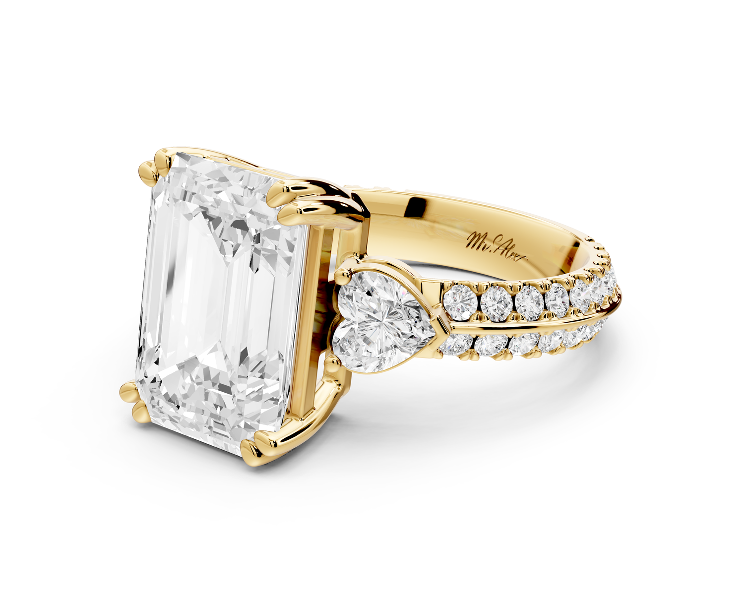 Elinor - 5ct 14k yellow gold emerald diamond Double talon prongs with two heart side stones and rollover pavé engagement ring