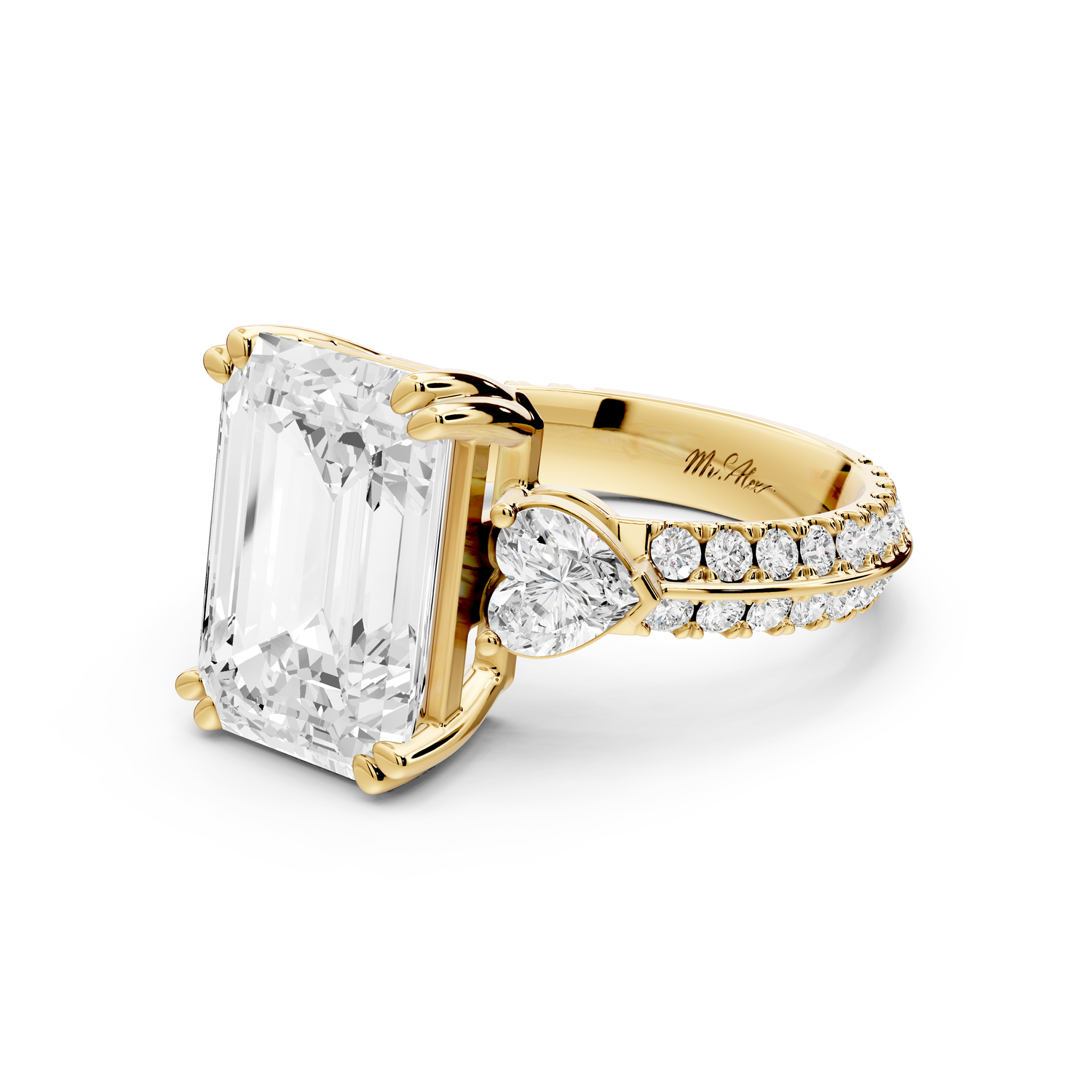 Elinor - 5ct 14k yellow gold emerald diamond Double talon prongs with two heart side stones and rollover pavé engagement ring