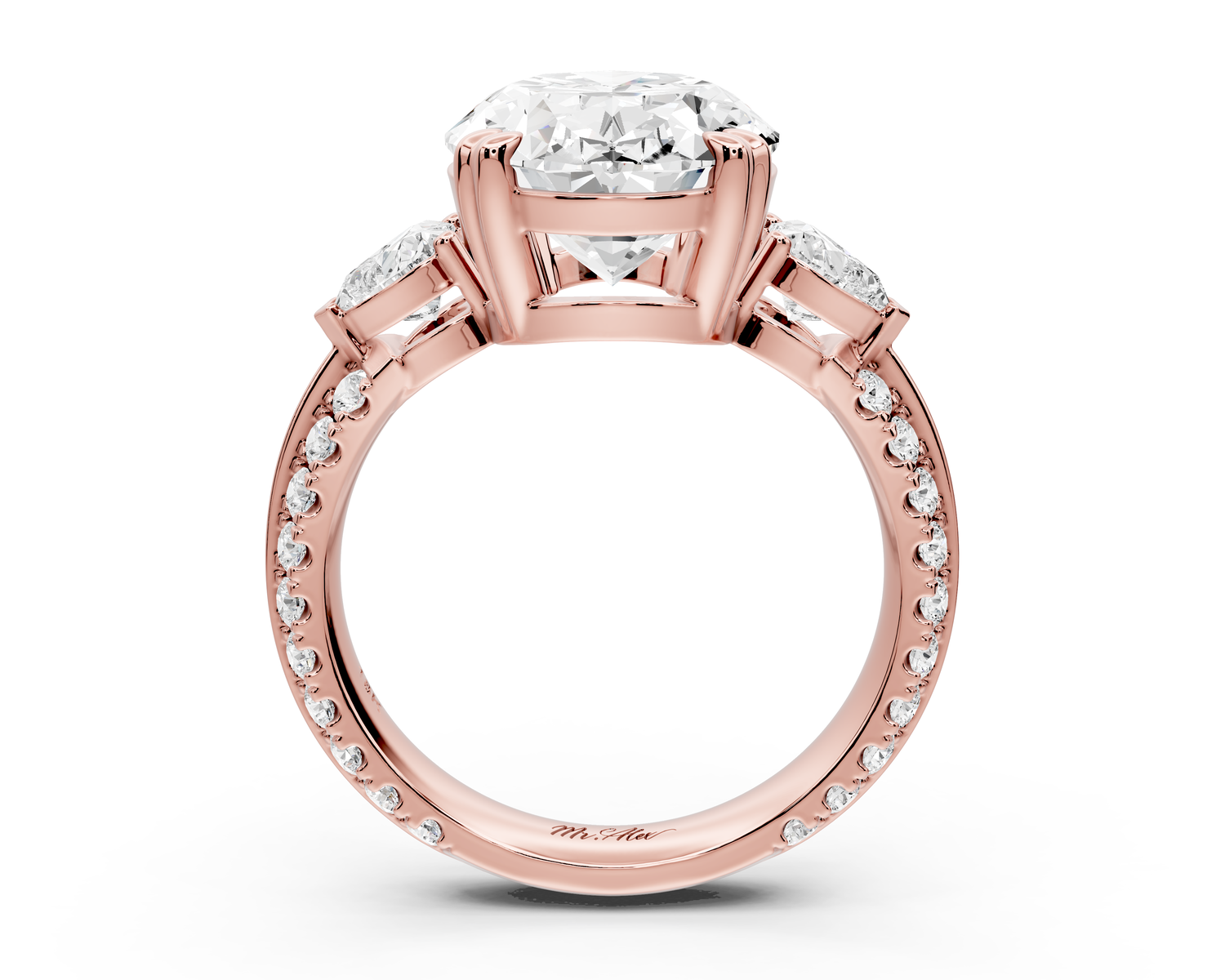 Elinor - 5ct 14k rose gold oval diamond Double talon prongs with two heart side stones and rollover pavé engagement ring