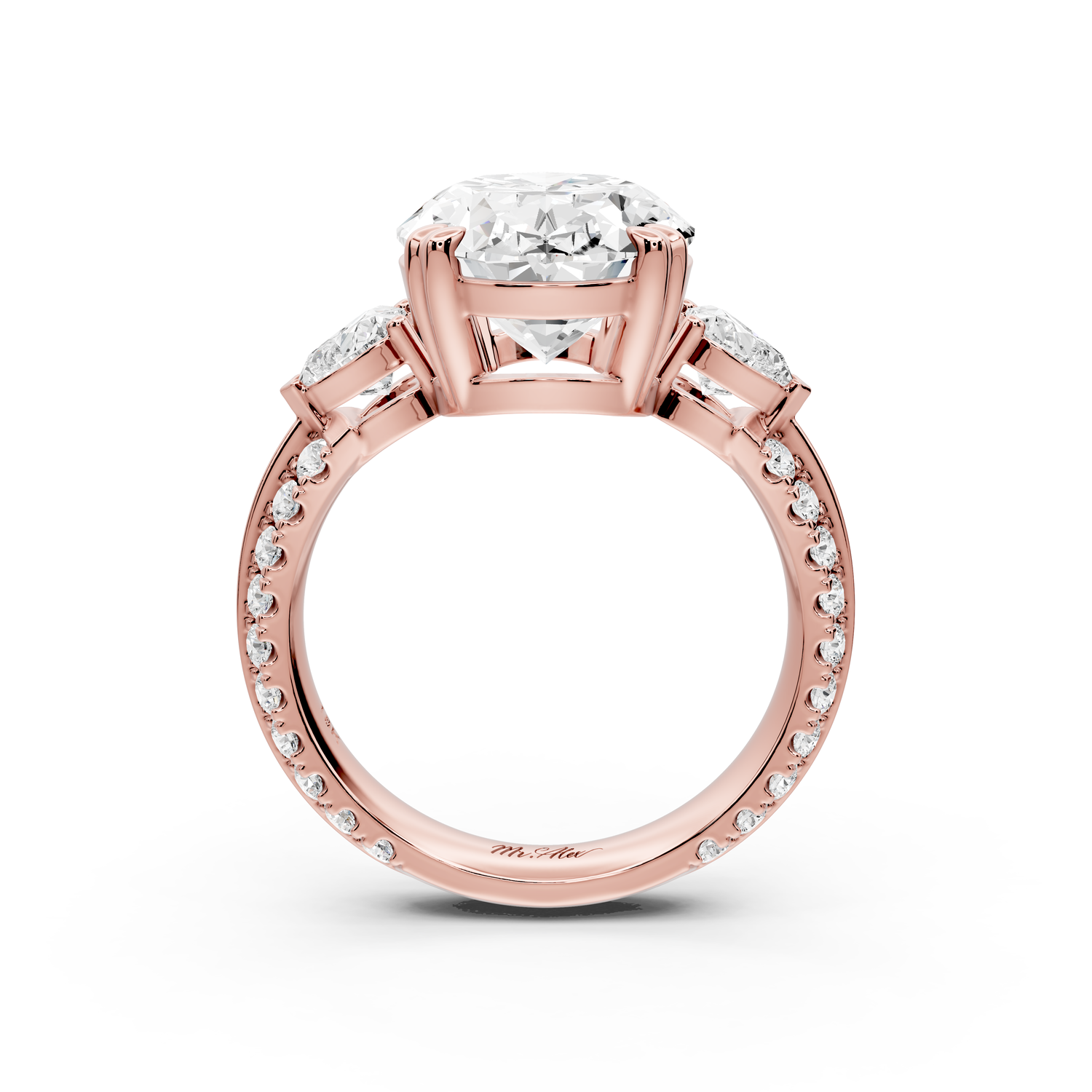 Elinor - 5ct 14k rose gold oval diamond Double talon prongs with two heart side stones and rollover pavé engagement ring