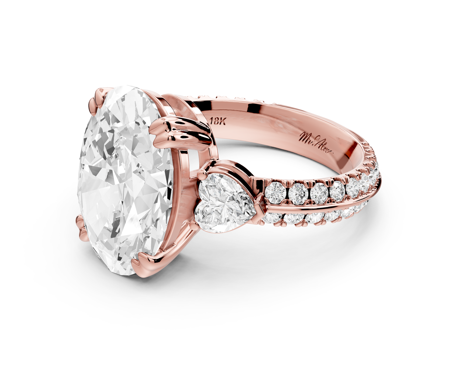 Elinor - 5ct 14k rose gold oval diamond Double talon prongs with two heart side stones and rollover pavé engagement ring
