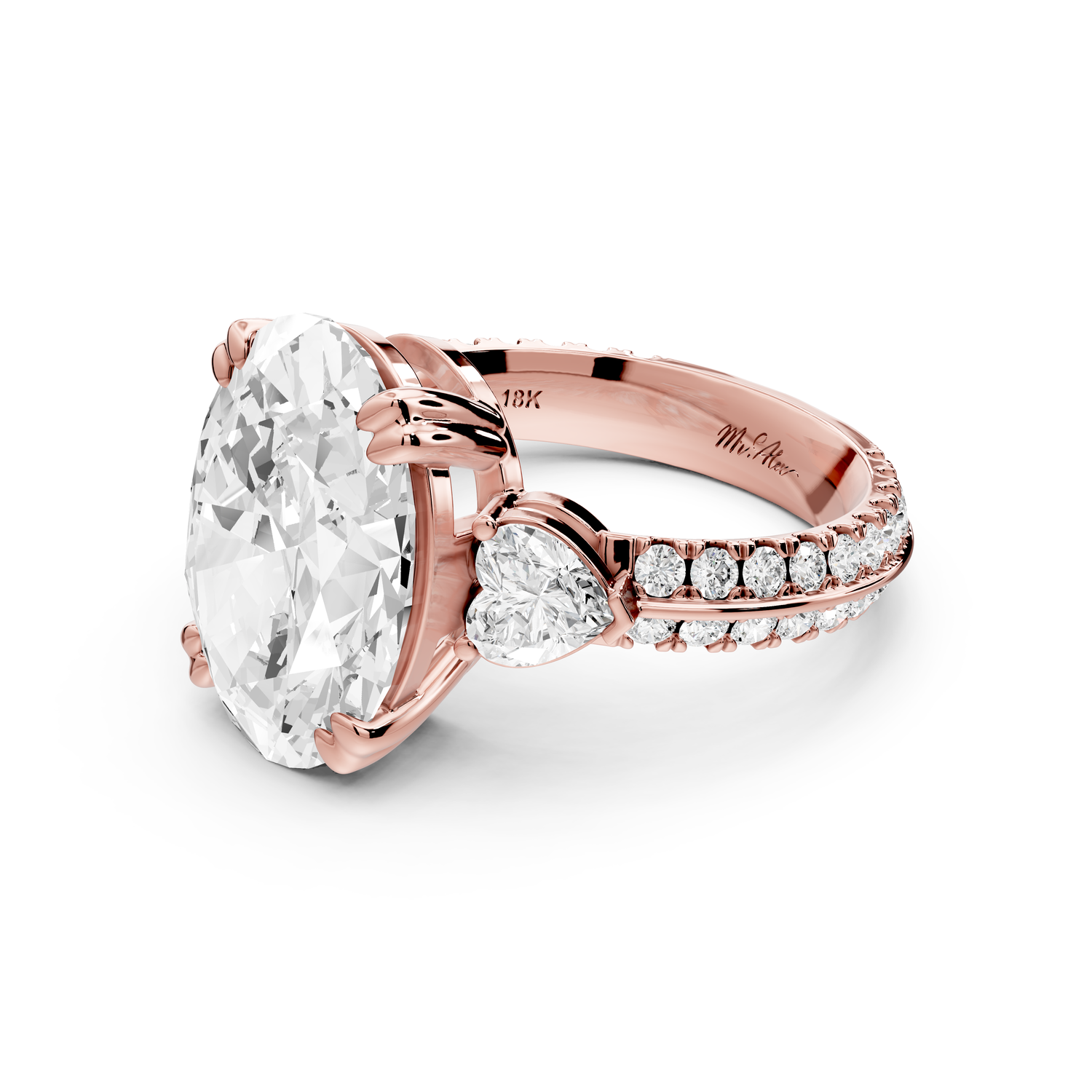 Elinor - 5ct 14k rose gold oval diamond Double talon prongs with two heart side stones and rollover pavé engagement ring