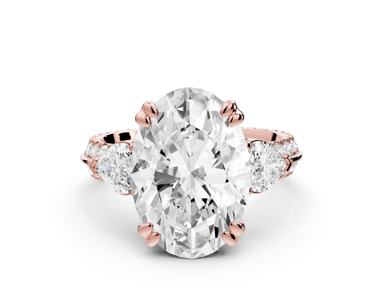 Elinor - 5ct 14k rose gold oval diamond Double talon prongs with two heart side stones and rollover pavé engagement ring