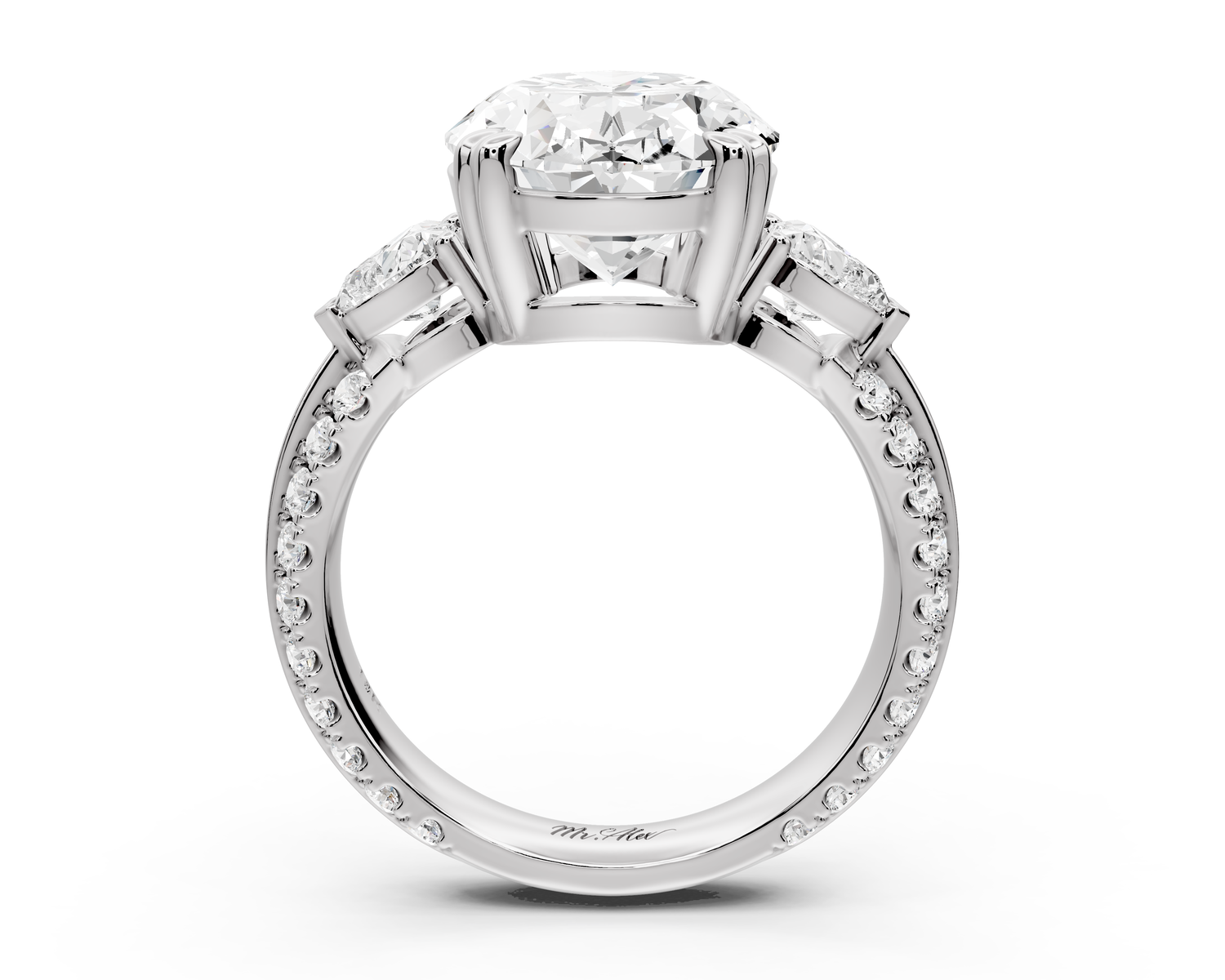 Elinor - 5ct 14k white gold oval diamond Double talon prongs with two heart side stones and rollover pavé engagement ring