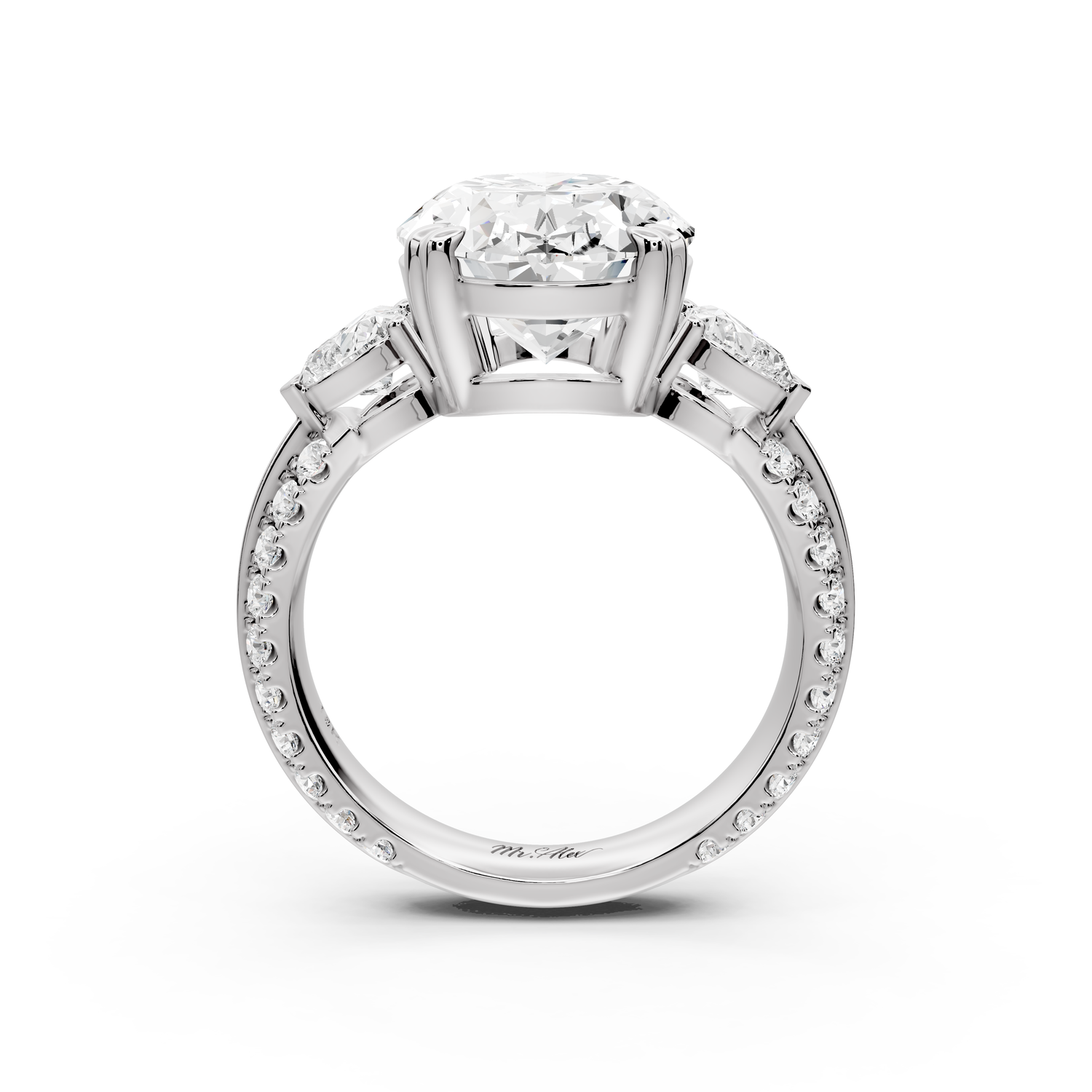 Elinor - 5ct 14k white gold oval diamond Double talon prongs with two heart side stones and rollover pavé engagement ring