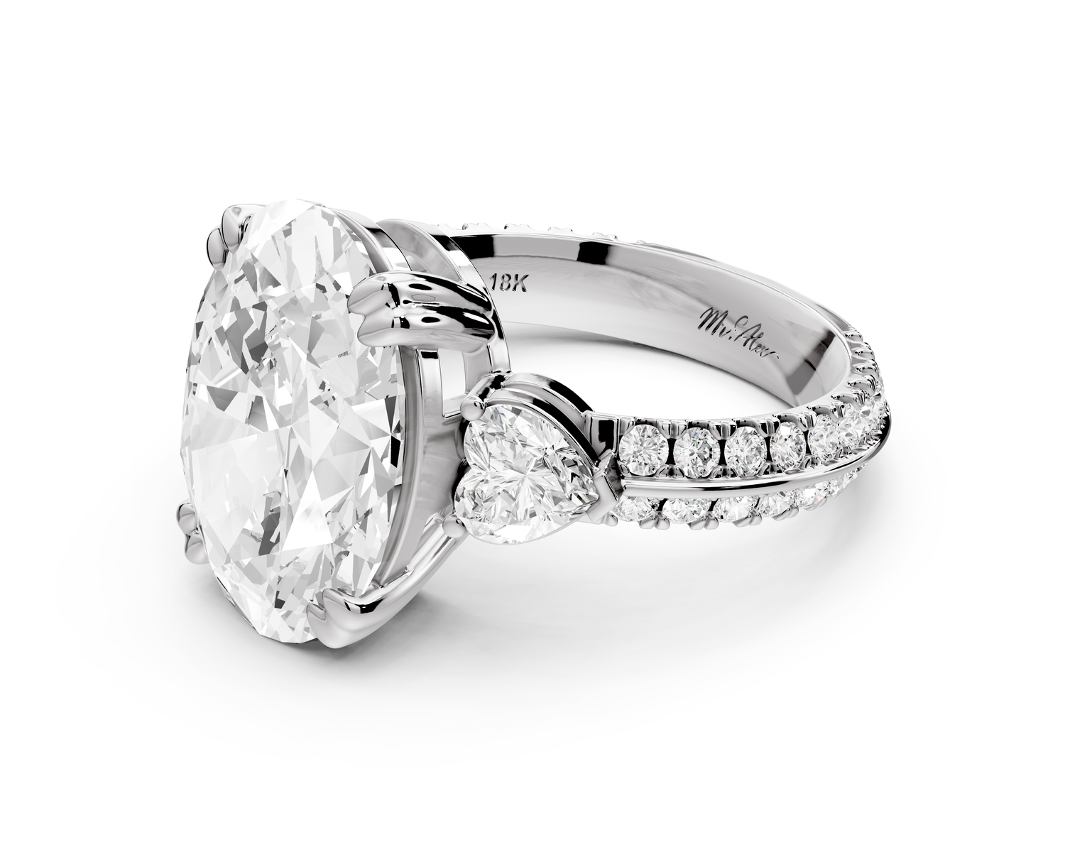 Elinor - 5ct 14k white gold oval diamond Double talon prongs with two heart side stones and rollover pavé engagement ring
