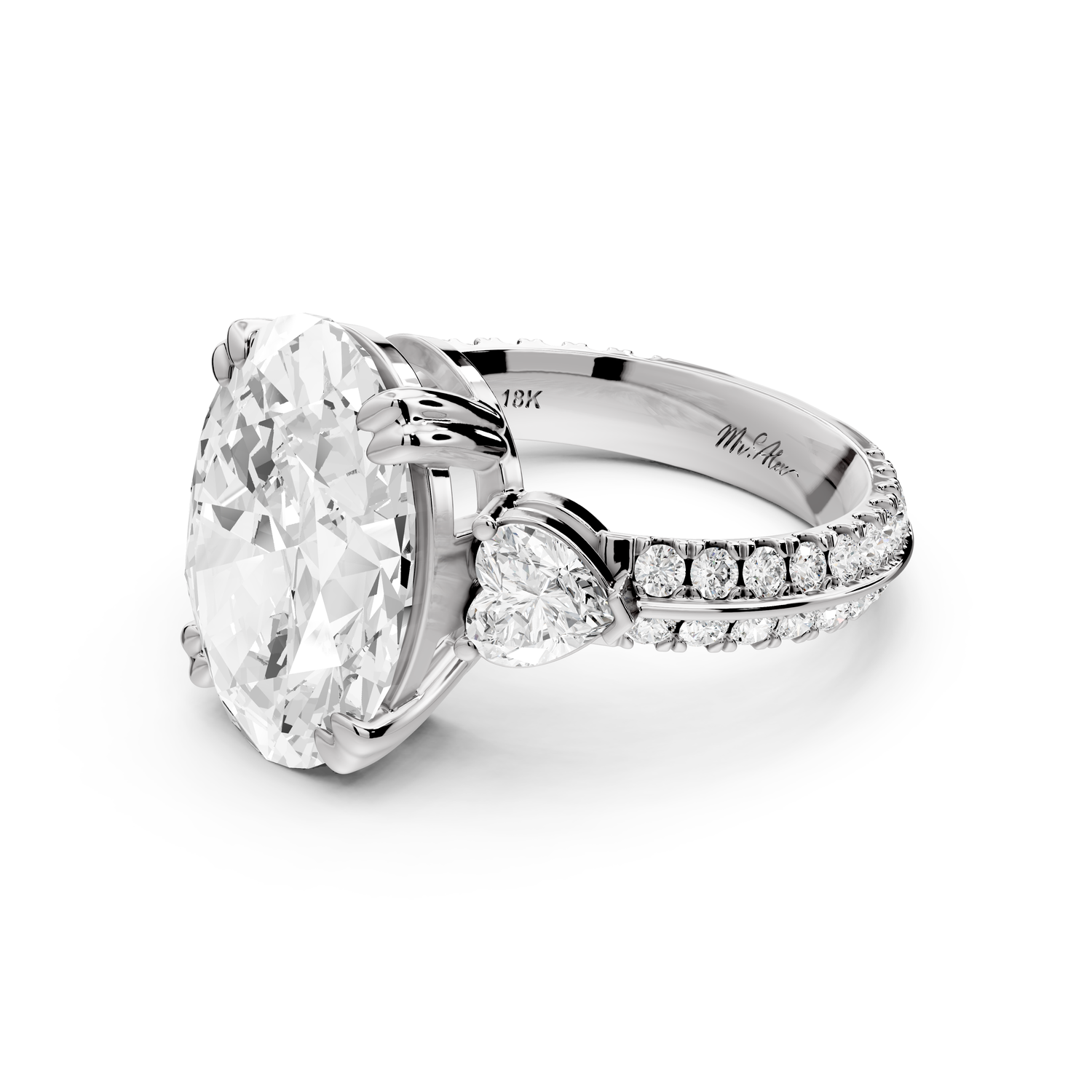 Elinor - 5ct 14k white gold oval diamond Double talon prongs with two heart side stones and rollover pavé engagement ring