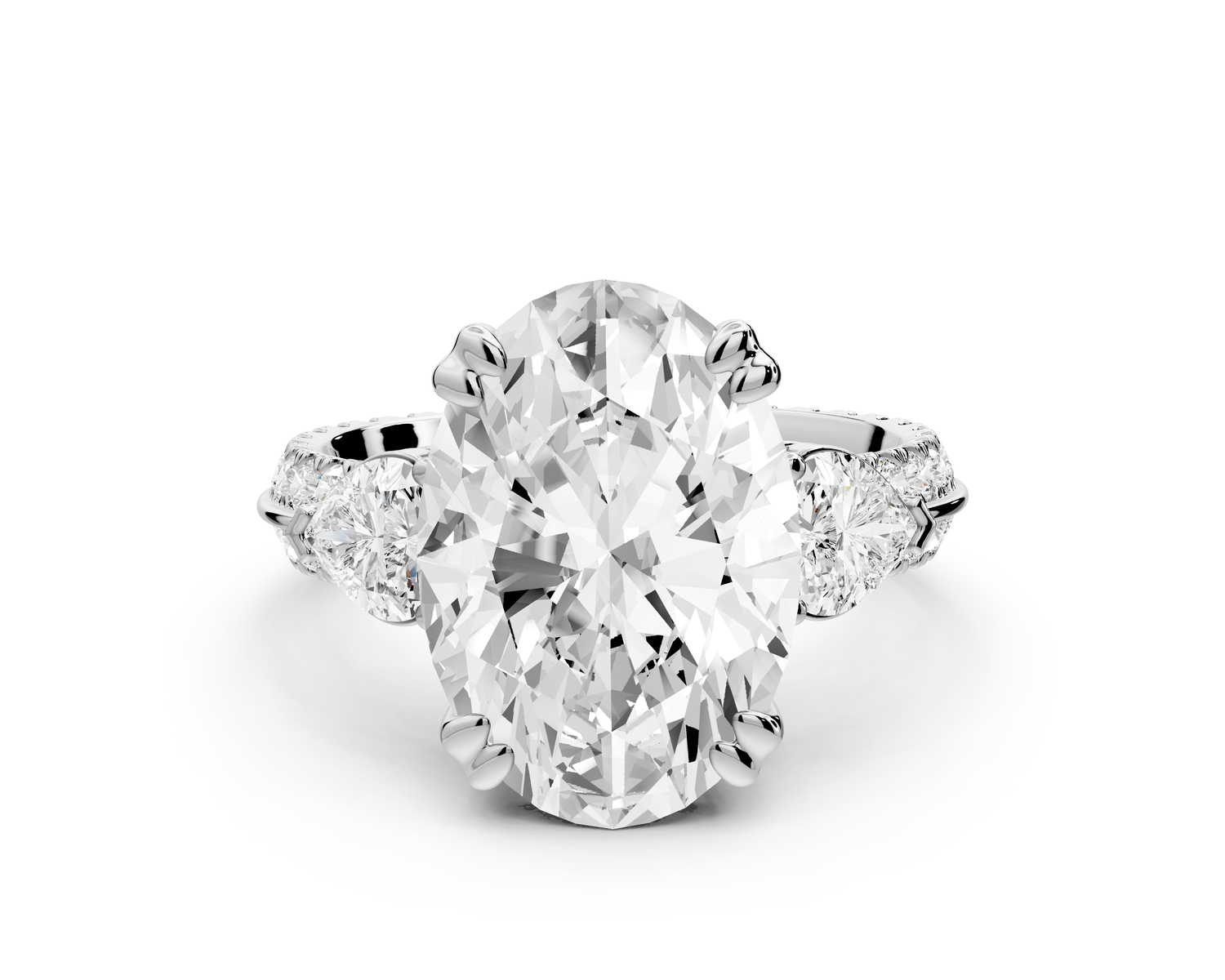 Elinor - 5ct 14k white gold oval diamond Double talon prongs with two heart side stones and rollover pavé engagement ring