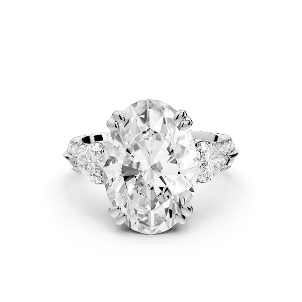 Elinor - 5ct 14k white gold oval diamond Double talon prongs with two heart side stones and rollover pavé engagement ring