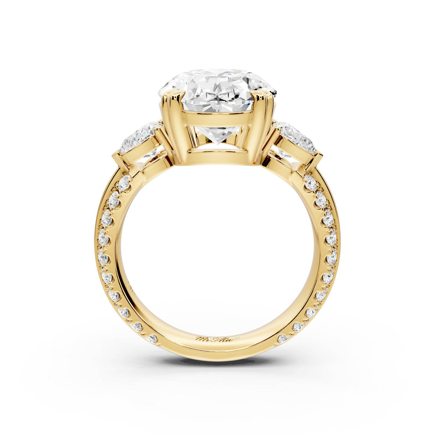 Elinor - 5ct 14k yellow gold oval diamond Double talon prongs with two heart side stones and rollover pavé engagement ring