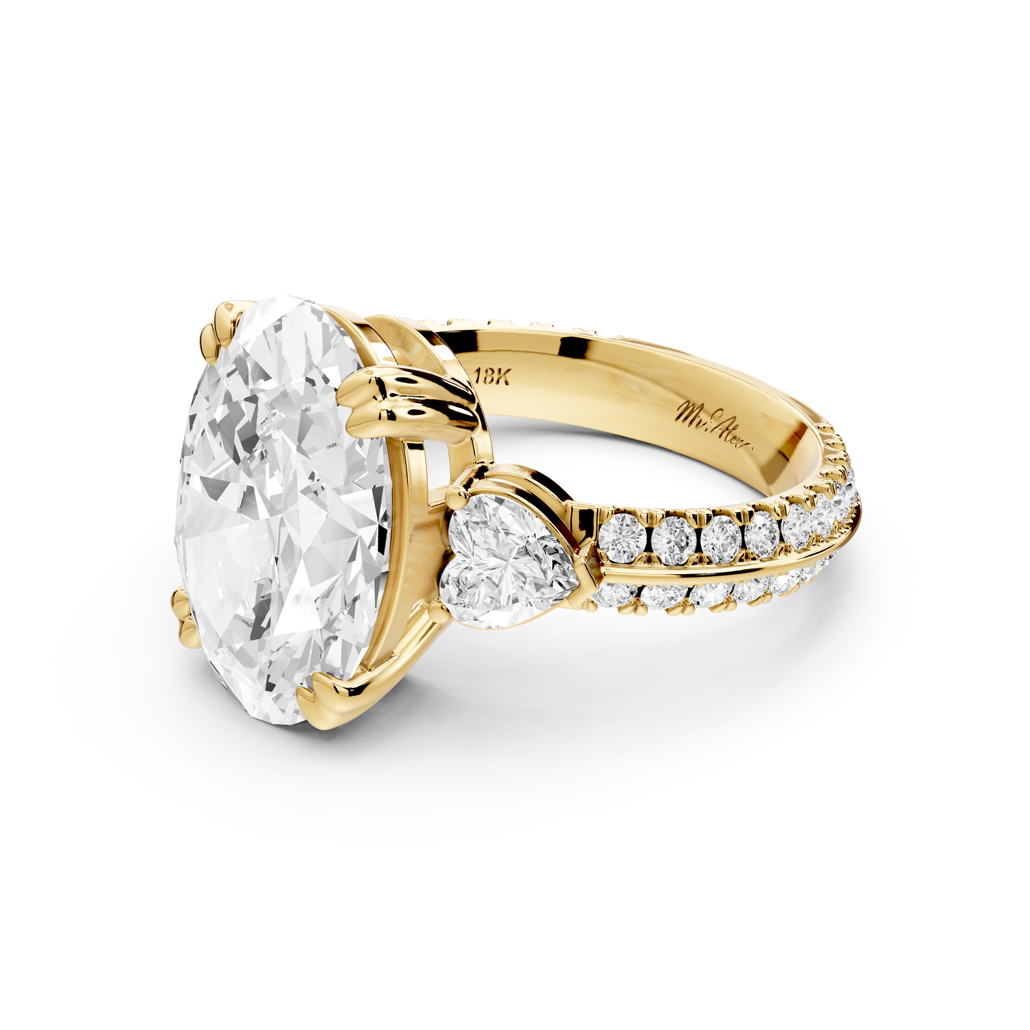 Elinor - 5ct 14k yellow gold oval diamond Double talon prongs with two heart side stones and rollover pavé engagement ring