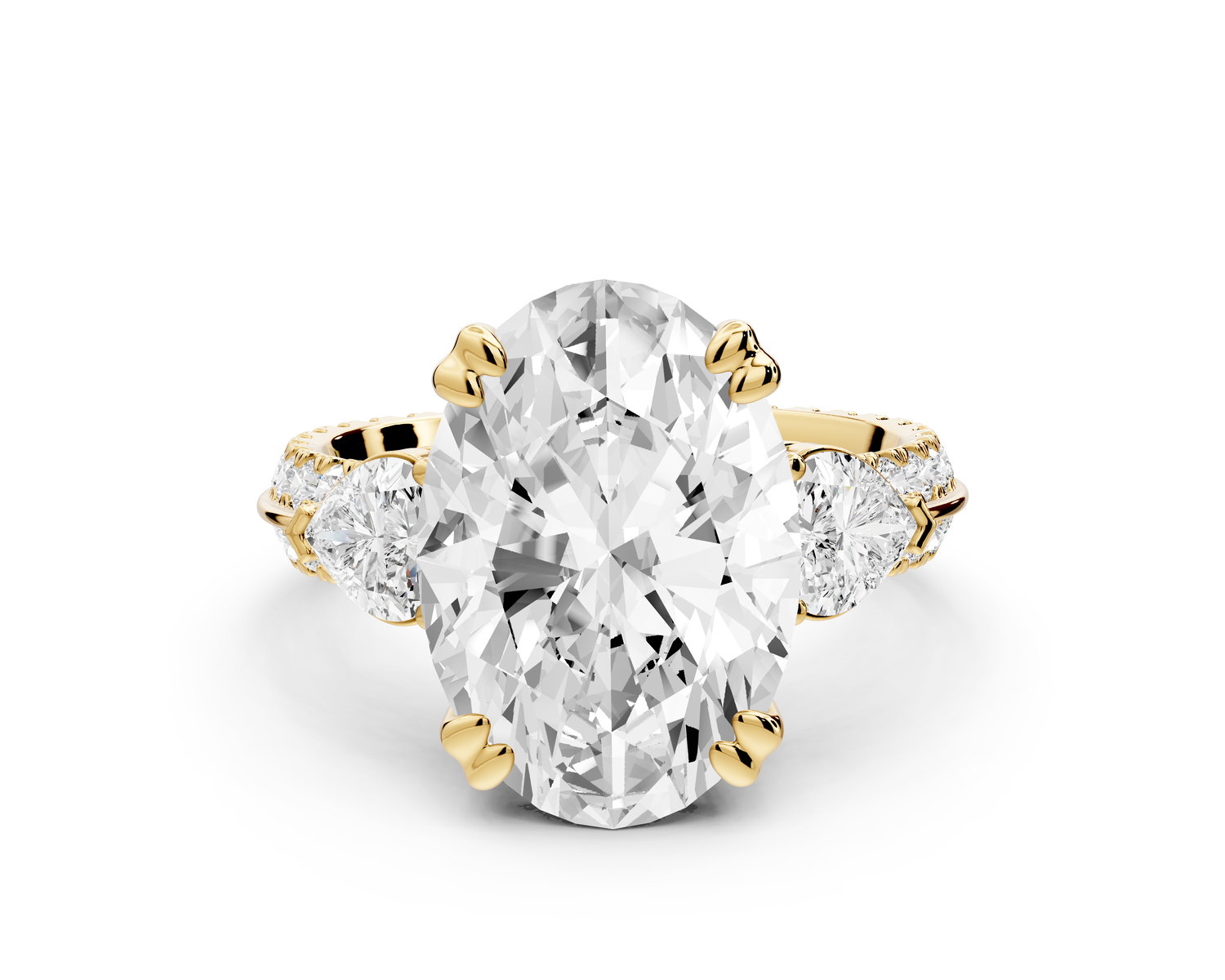 Elinor - 5ct 14k yellow gold oval diamond Double talon prongs with two heart side stones and rollover pavé engagement ring