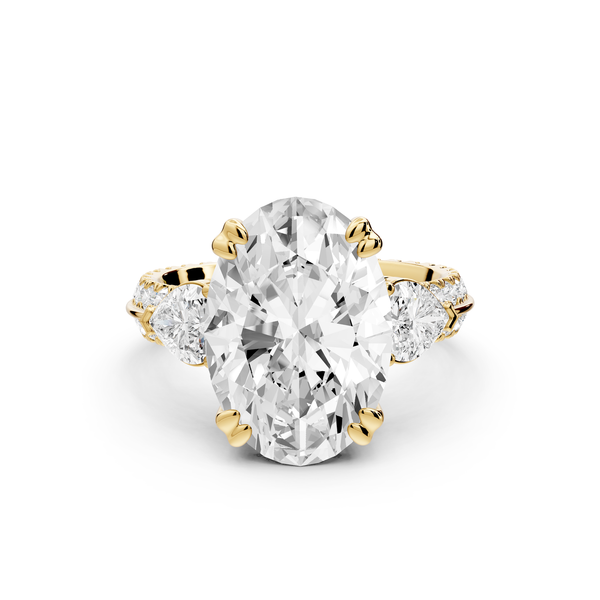 Elinor - 5ct 14k yellow gold oval diamond Double talon prongs with two heart side stones and rollover pavé engagement ring