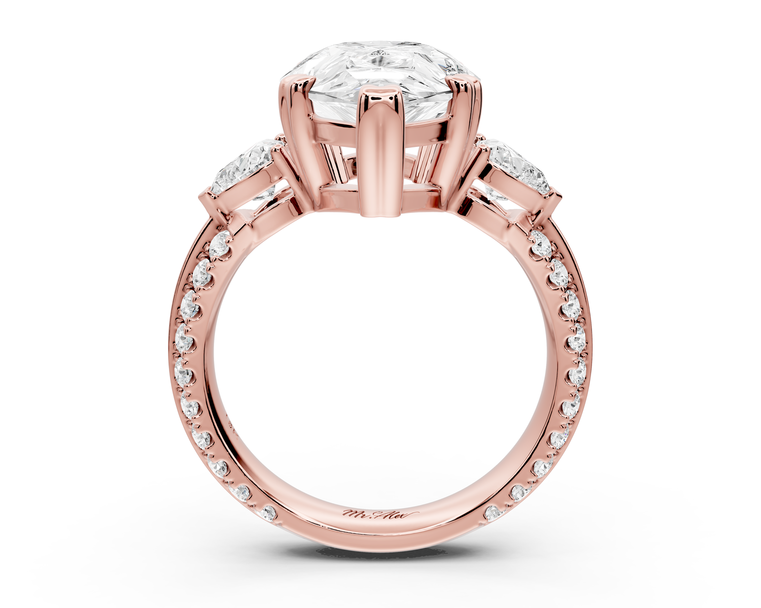 Elinor - 5ct 14k rose gold pear diamond Double talon prongs with two heart side stones and rollover pavé engagement ring